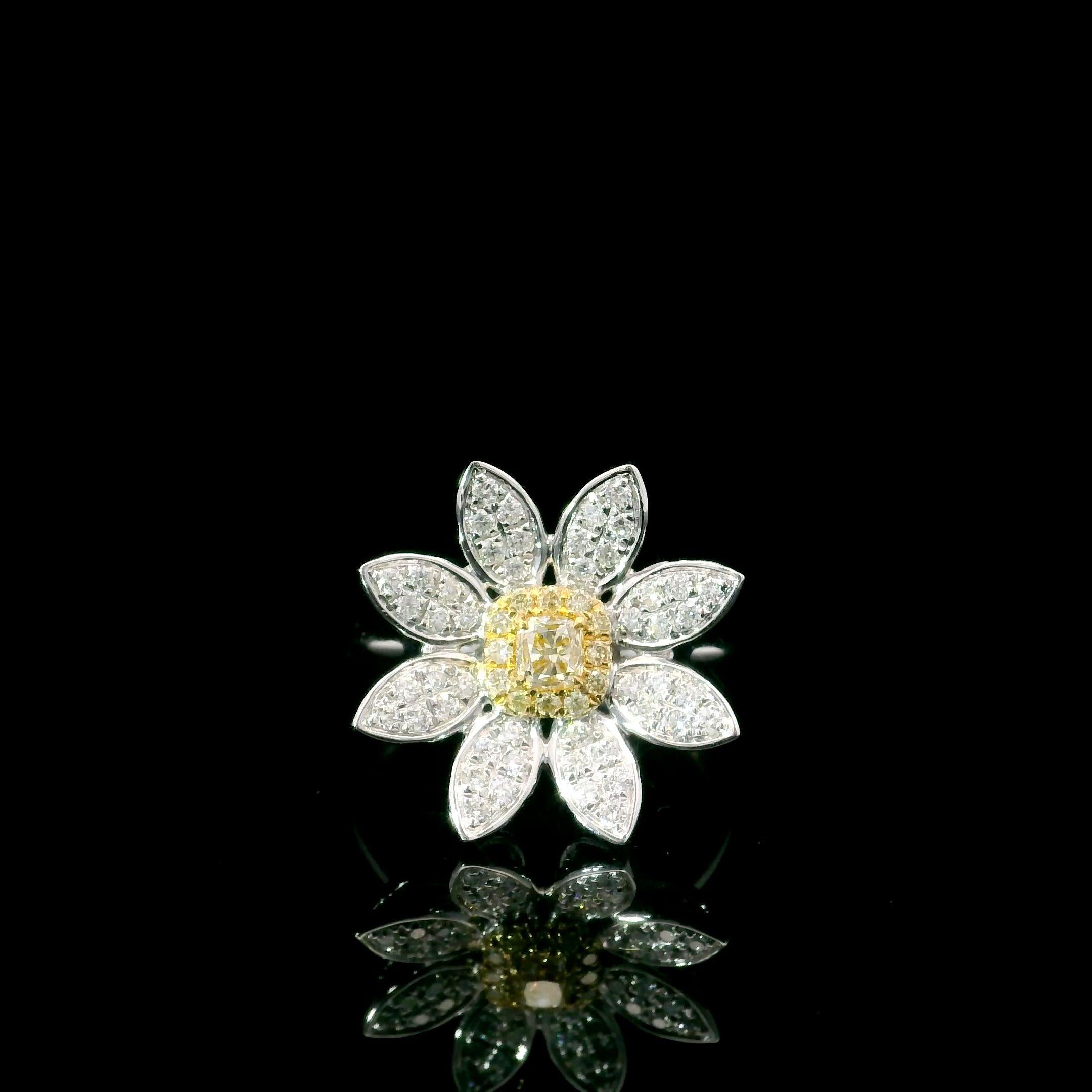 Bague en or blanc 18kt avec diamants
  
  Couleur de l'or et carat : Or blanc 18kt
  Poids : 3.76 grammes
  
  Ensemble avec...
  Type de pierre : Diamants
  Forme : Coussin
  Carat : 0,198 ct
  Couleur : Jaune intense fantaisie
  Clarté : VS
  
 