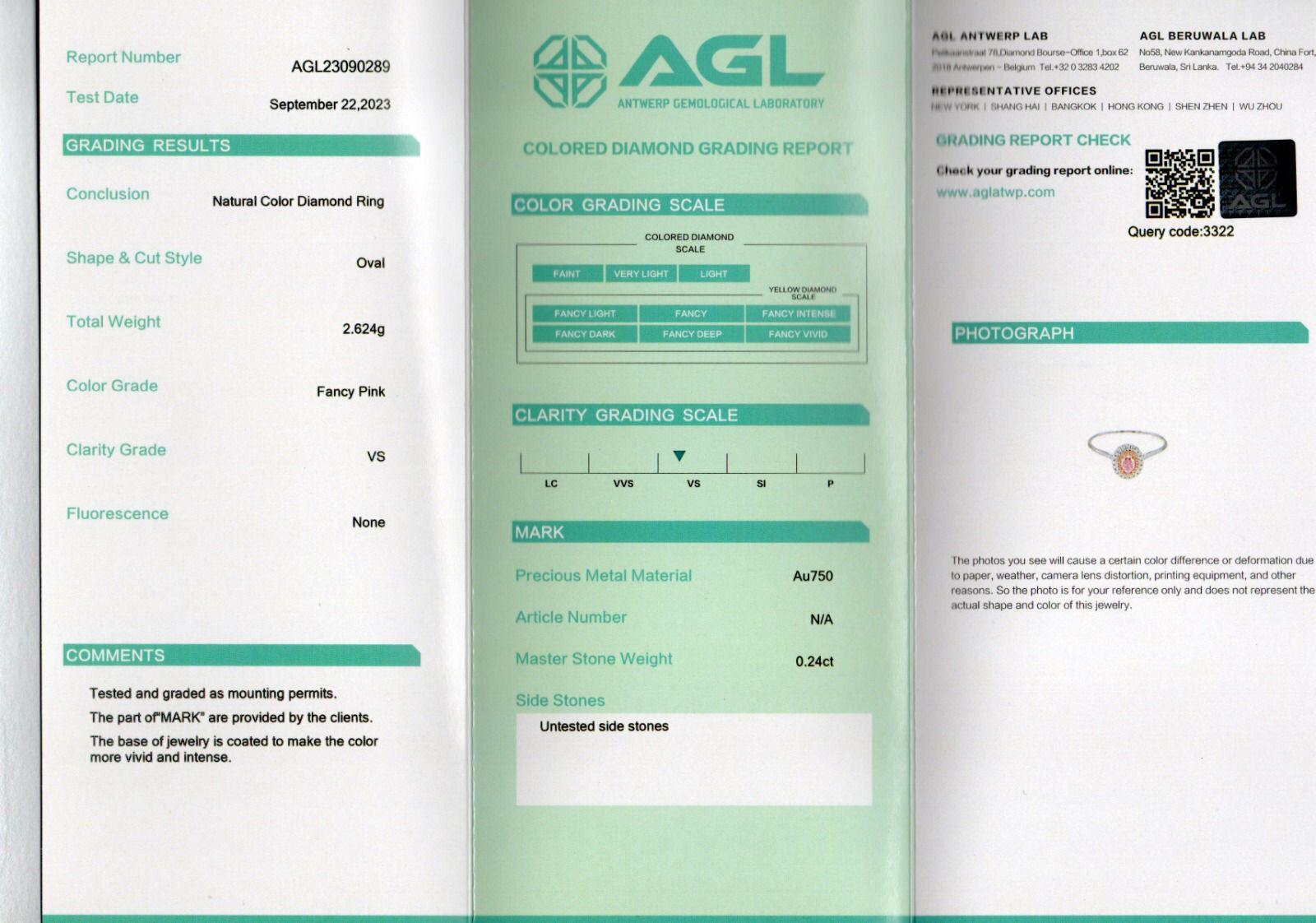 AGL Certified 0.24 Carat Fancy Pink VS Clarity Diamond Ring For Sale 3