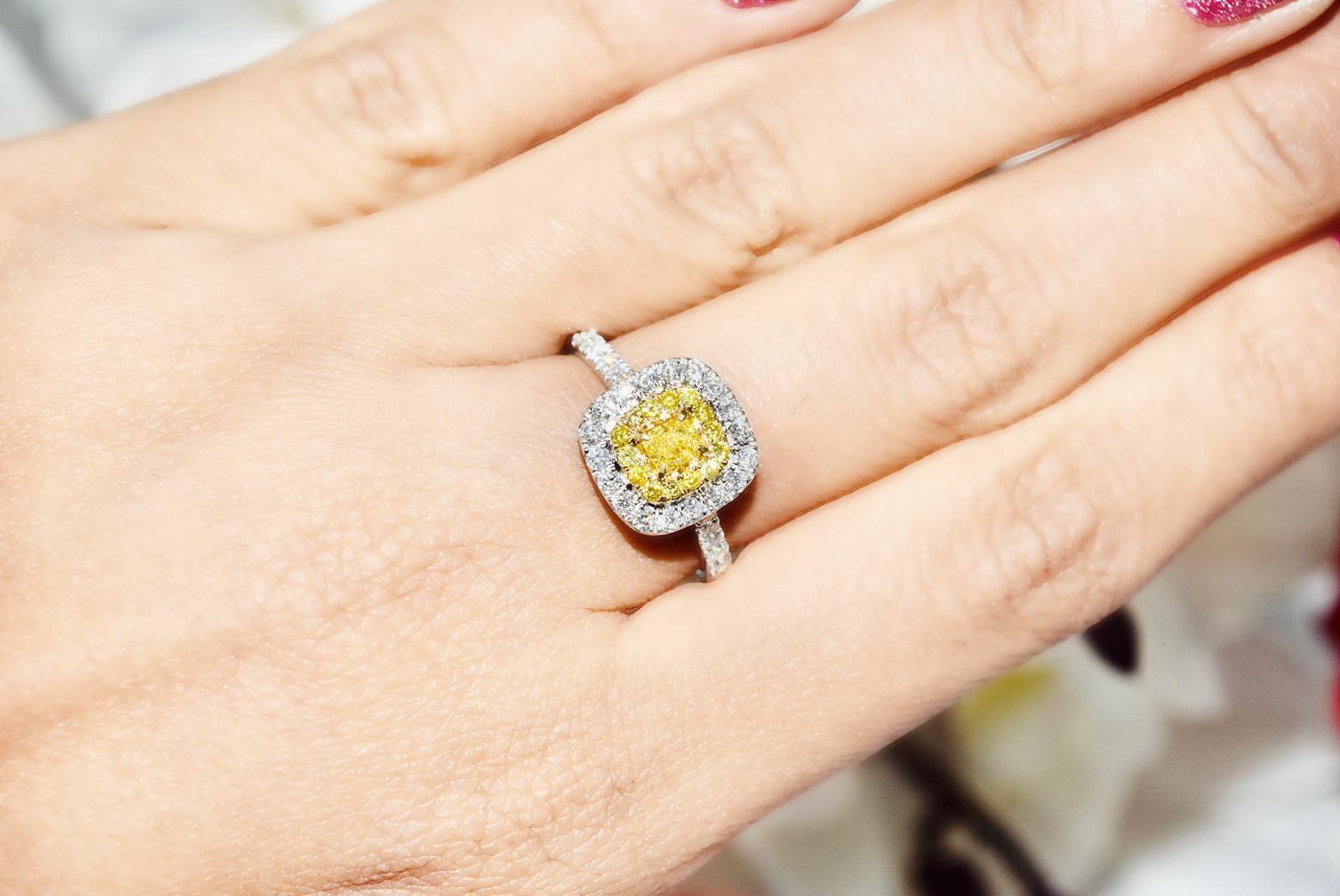 Cushion Cut AGL Certified 0.24 Carat Fancy Yellow VS Clarity Diamond Ring For Sale