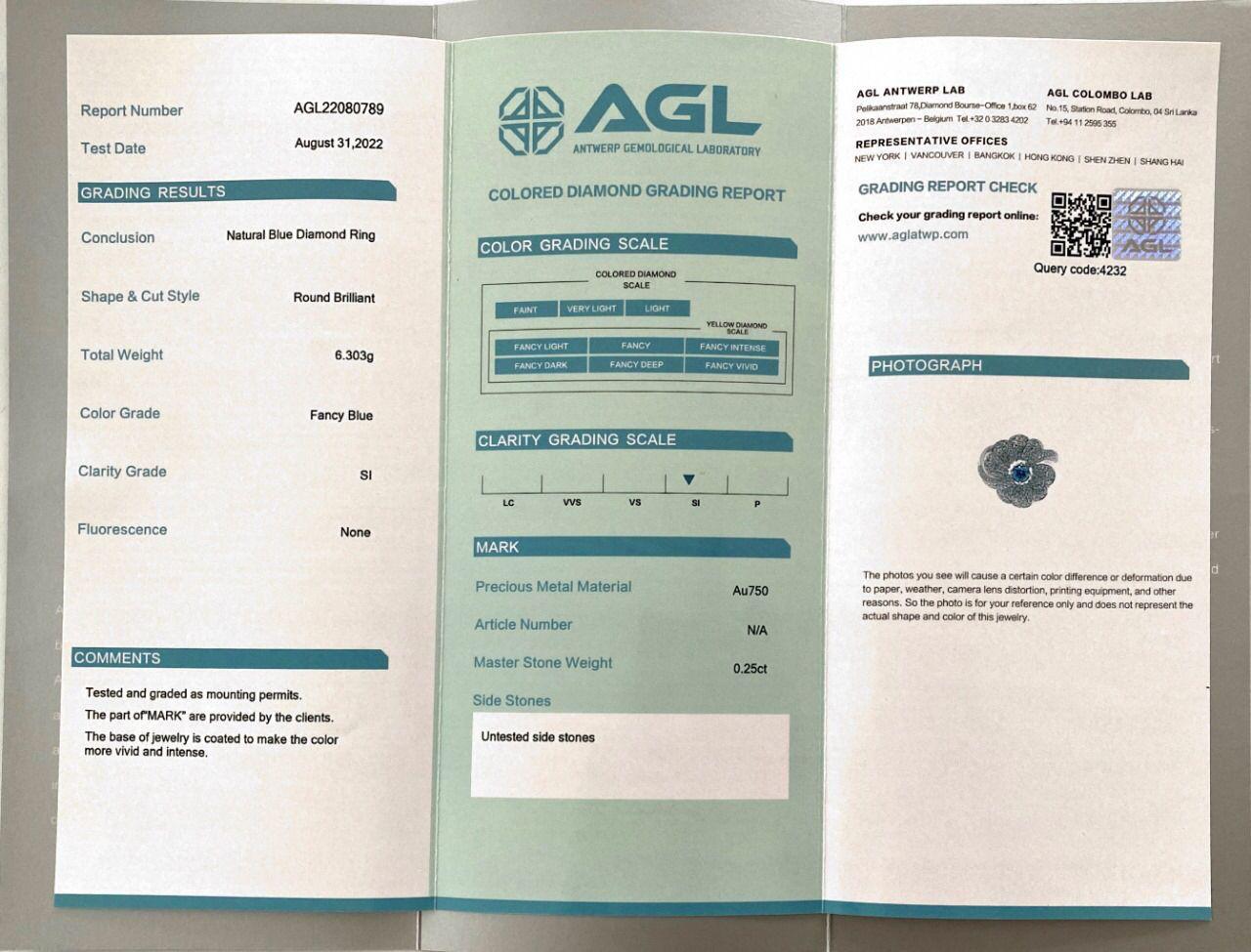 AGL Certified 0.25 Carat Fancy Blue SI Clarity Diamond Ring For Sale 2