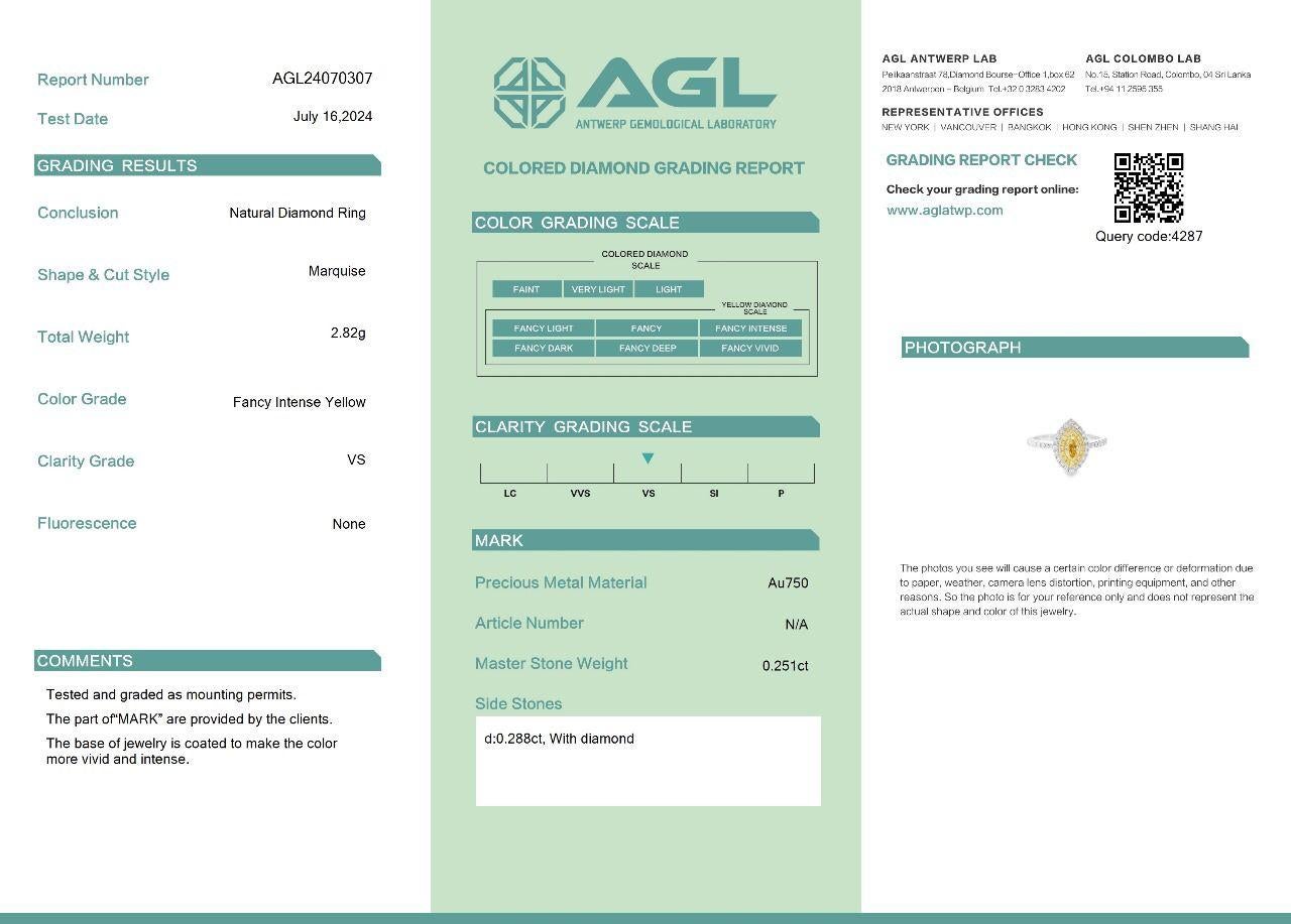 AGL Certified 0.251 Carat Fancy Intense Yellow VS Clarity Diamond Ring For Sale 3
