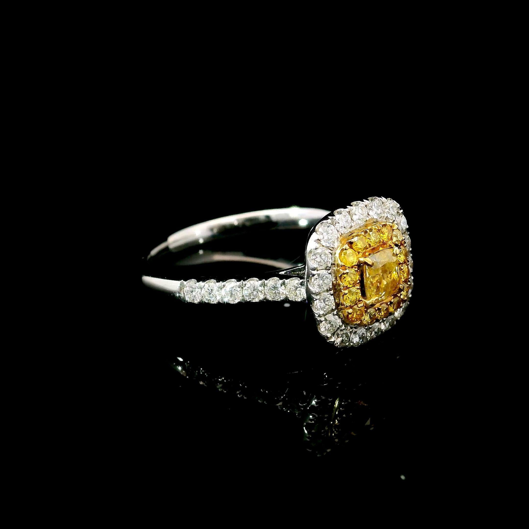 Cushion Cut AGL Certified 0.27 Carat Fancy Yellow SI Clarity Diamond Ring For Sale