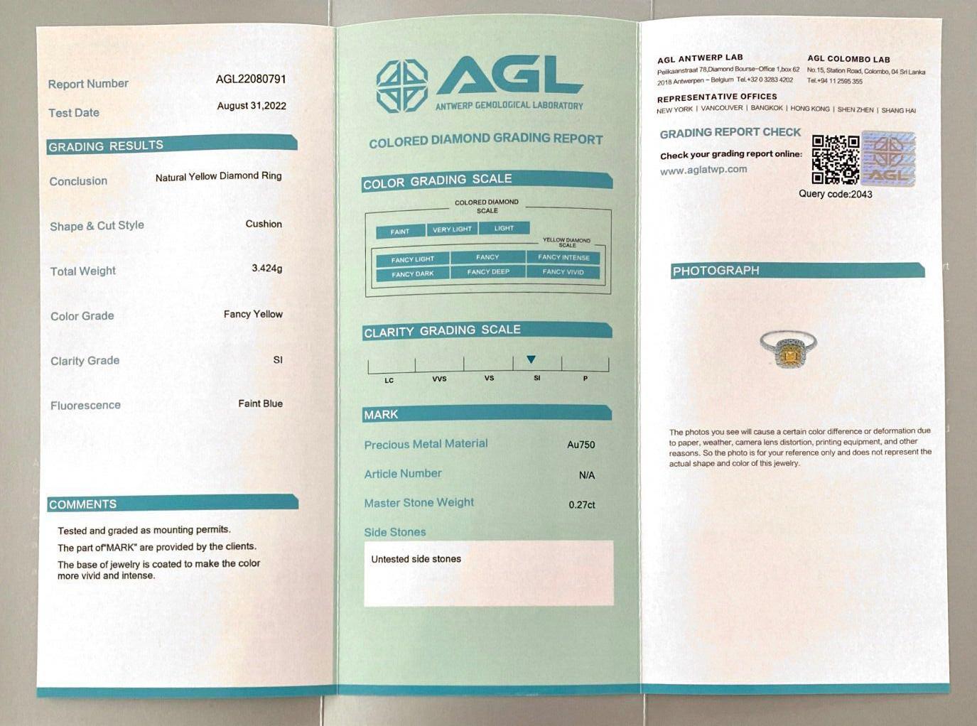 AGL Certified 0.27 Carat Fancy Yellow SI Clarity Diamond Ring For Sale 3