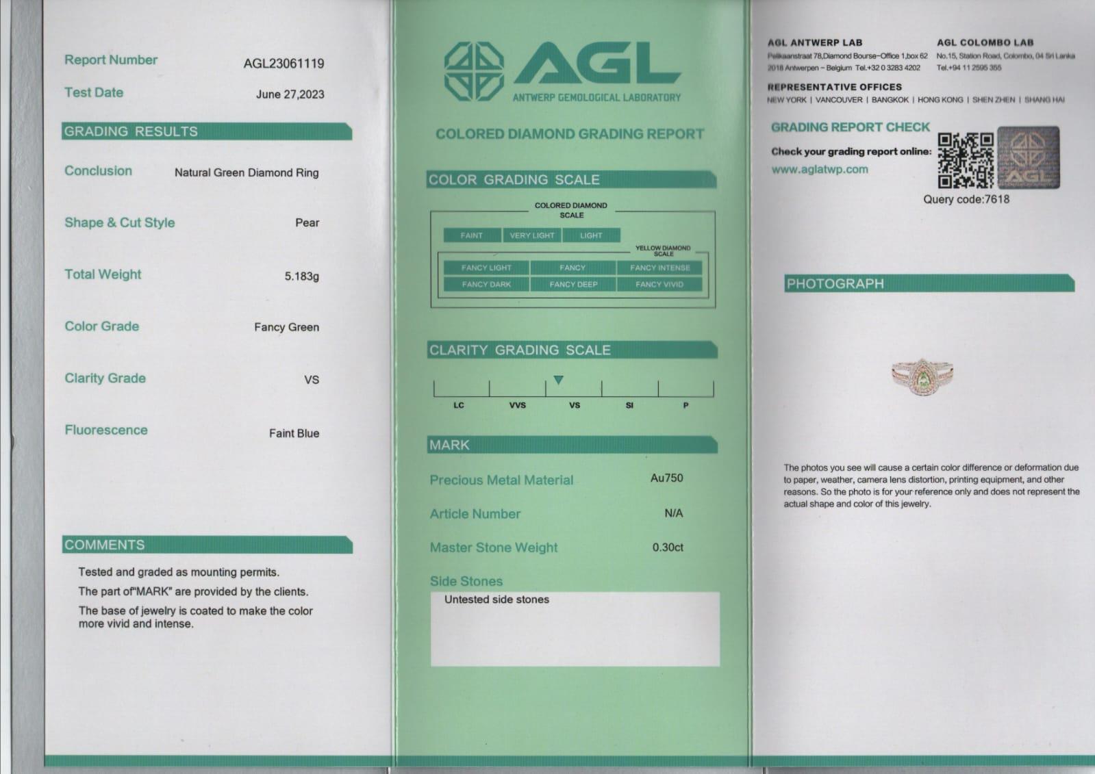 AGL Certified 0.30 Carat Fancy Green Diamond Ring VS Clarity For Sale 3