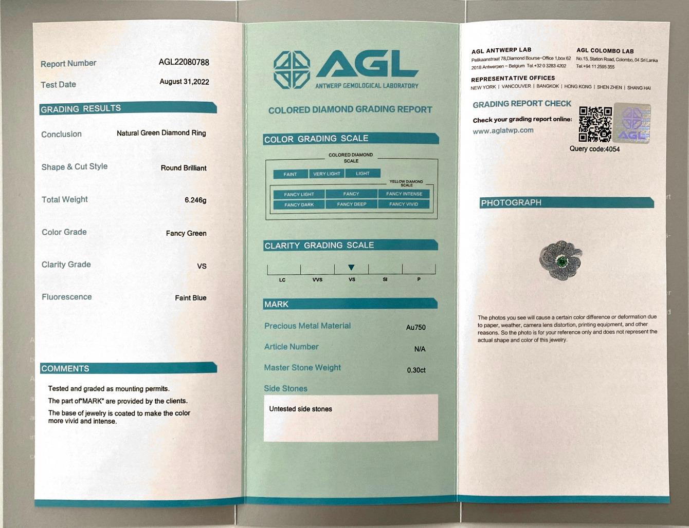 Bague avec diamant vert fantaisie certifié AGL de 0.30 carat de pureté VS en vente 3