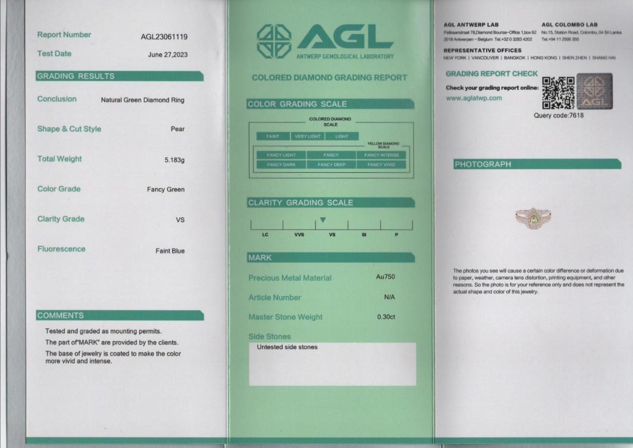 Anello con diamante certificato AGL da 0.30 carati, di colore verde e di chiarezza VS in vendita 3