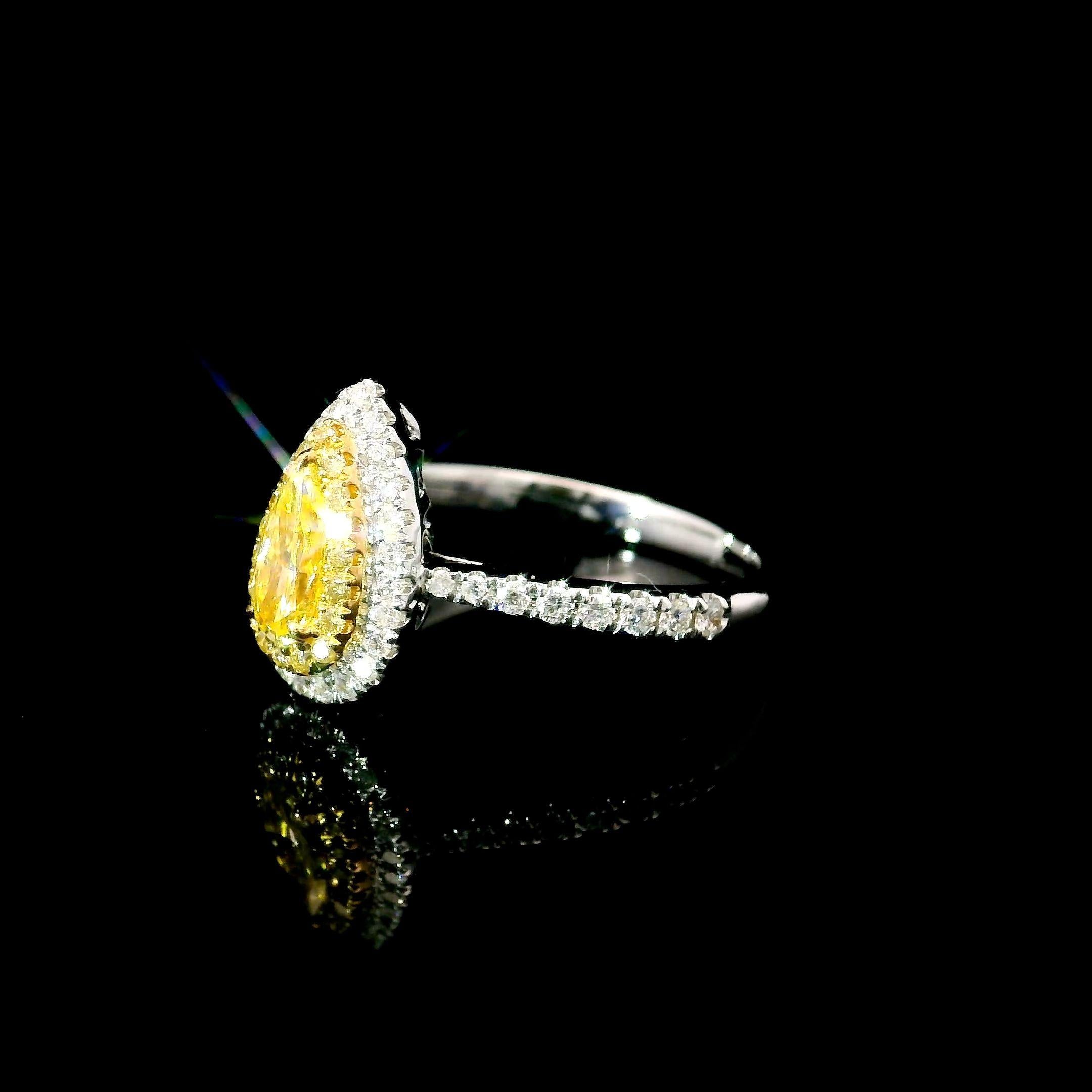 Pear Cut AGL Certified 0.341 Carat Fancy Yellow SI Clarity Diamond Ring For Sale
