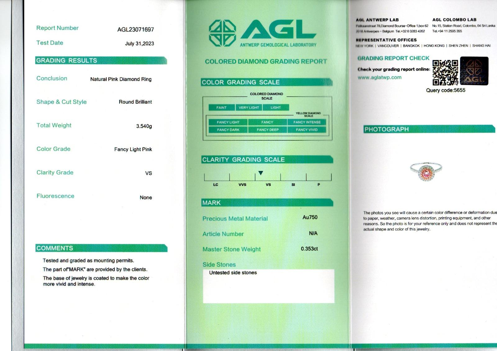 Bague en diamant certifié AGL 0,353 carat Fancy Light Pink Diamond VS Clarity en vente 7