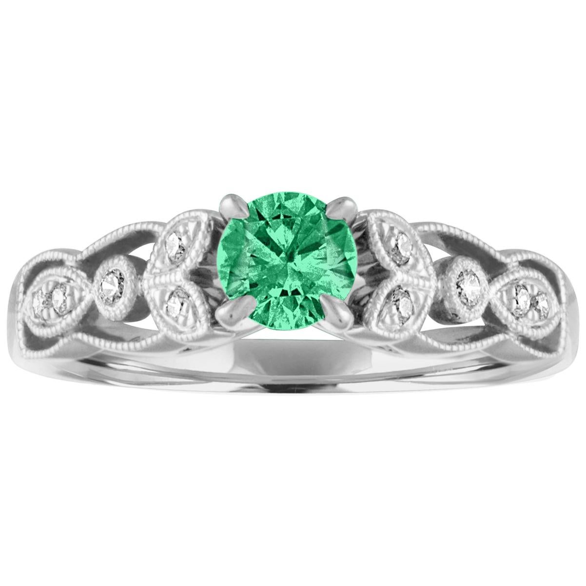 AGL Certified 0.38 Carat Emerald Diamond Gold Milgrain Ring