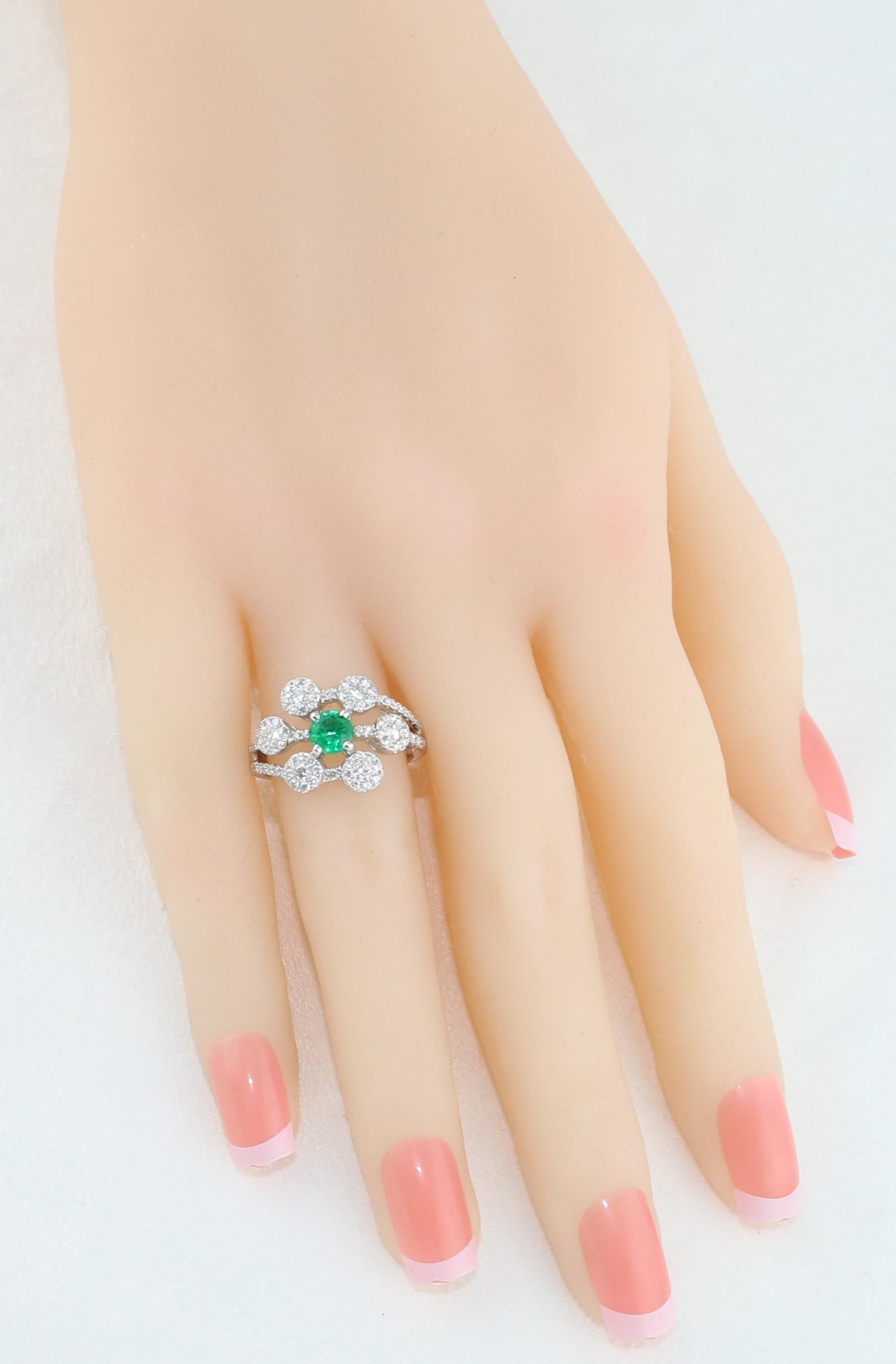 Contemporary AGL Certified 0.40 Carat Emerald Diamond Gold Flower Ring For Sale