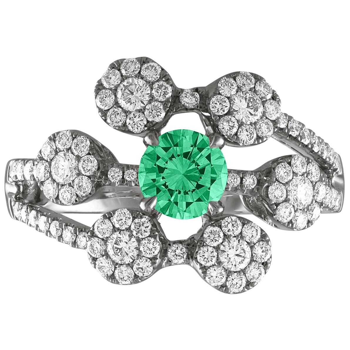 AGL Certified 0.40 Carat Emerald Diamond Gold Flower Ring For Sale