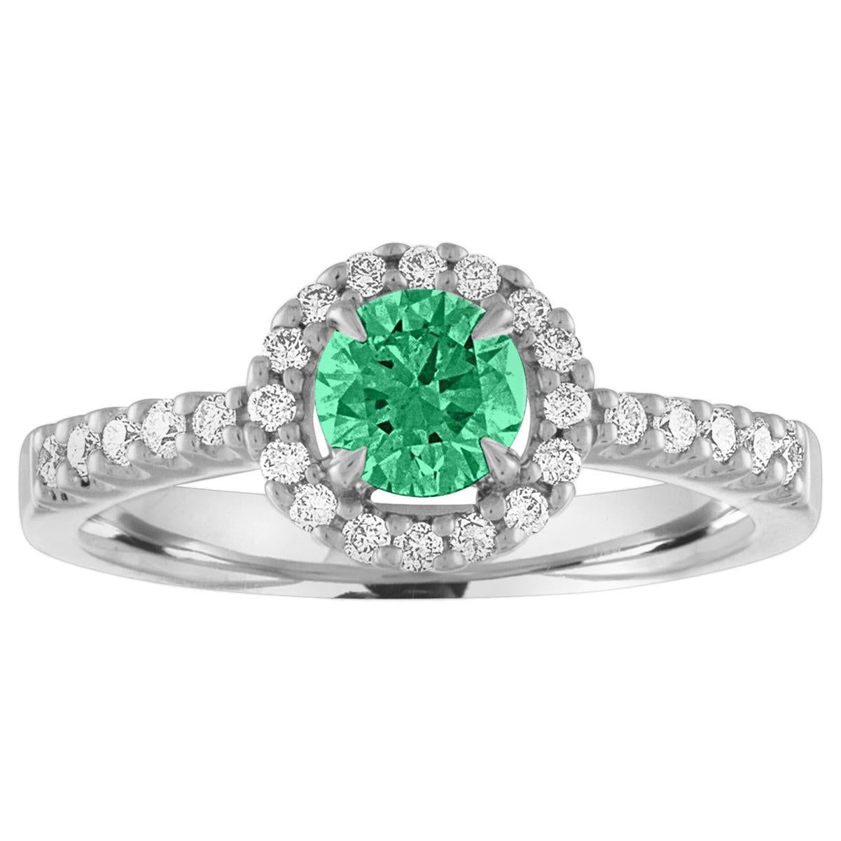 AGL Certified 0.40 Carat Emerald Diamond Gold Halo Ring For Sale
