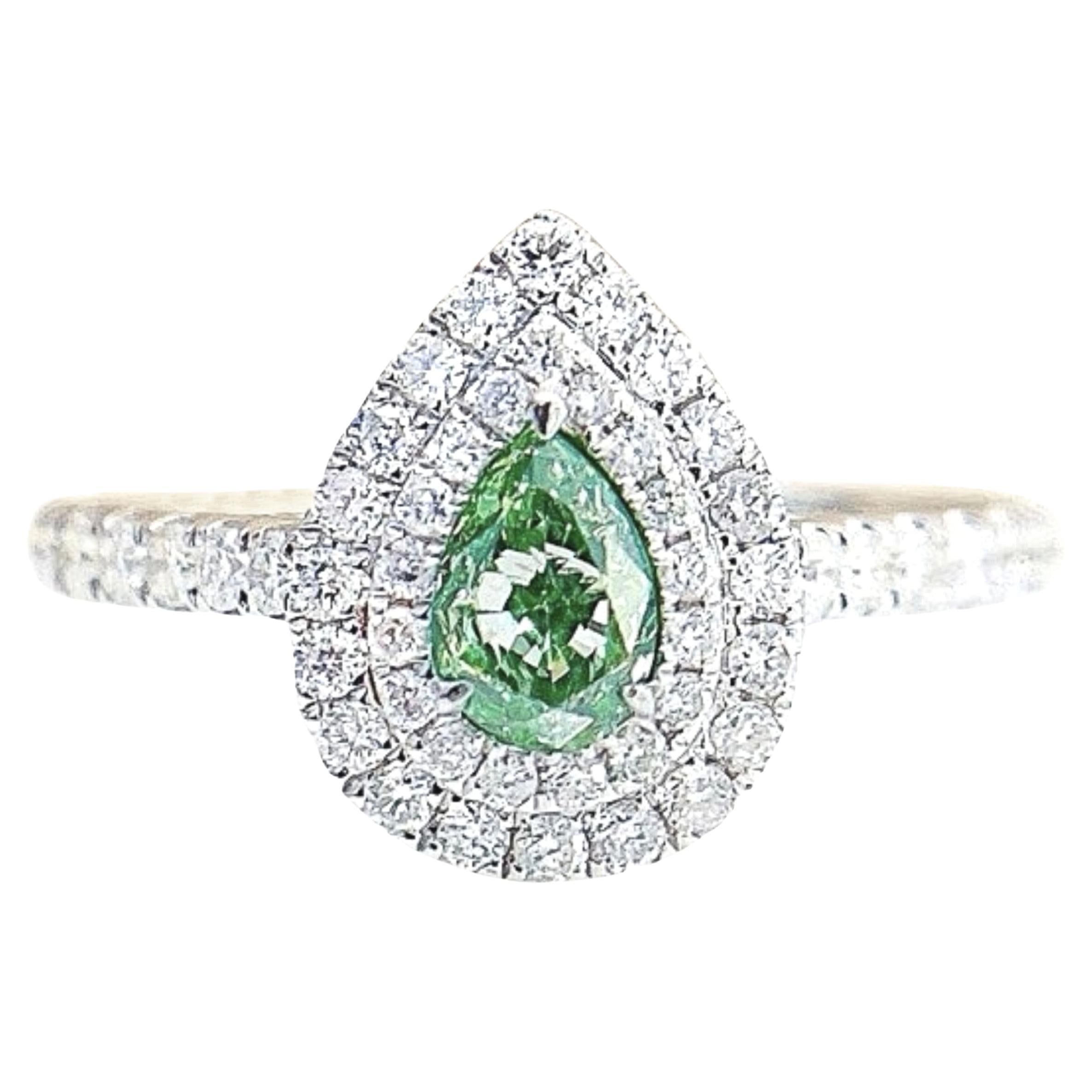 AGL Certified 0.41 CT Pear-Cut Green Diamond 18K Gold Ring with Diamonds