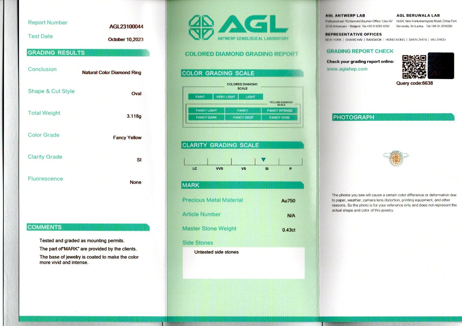 AGL zertifiziert 0.44 Karat Ausgefallener gelber Fancy-Diamantring SI Reinheit 7