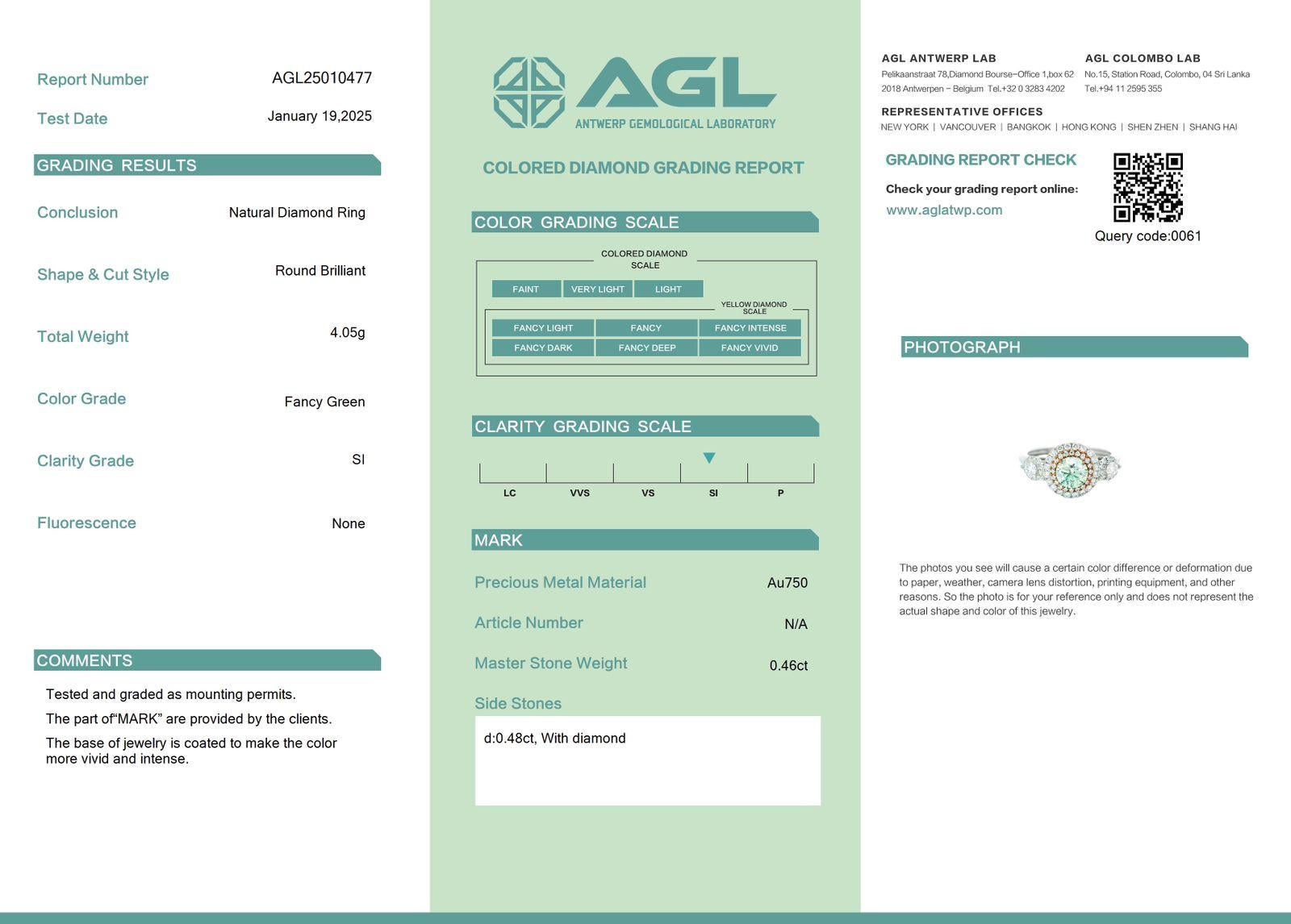 AGL Certified 0.46 Carat Fancy Green SI Clarity Diamond Ring For Sale 3