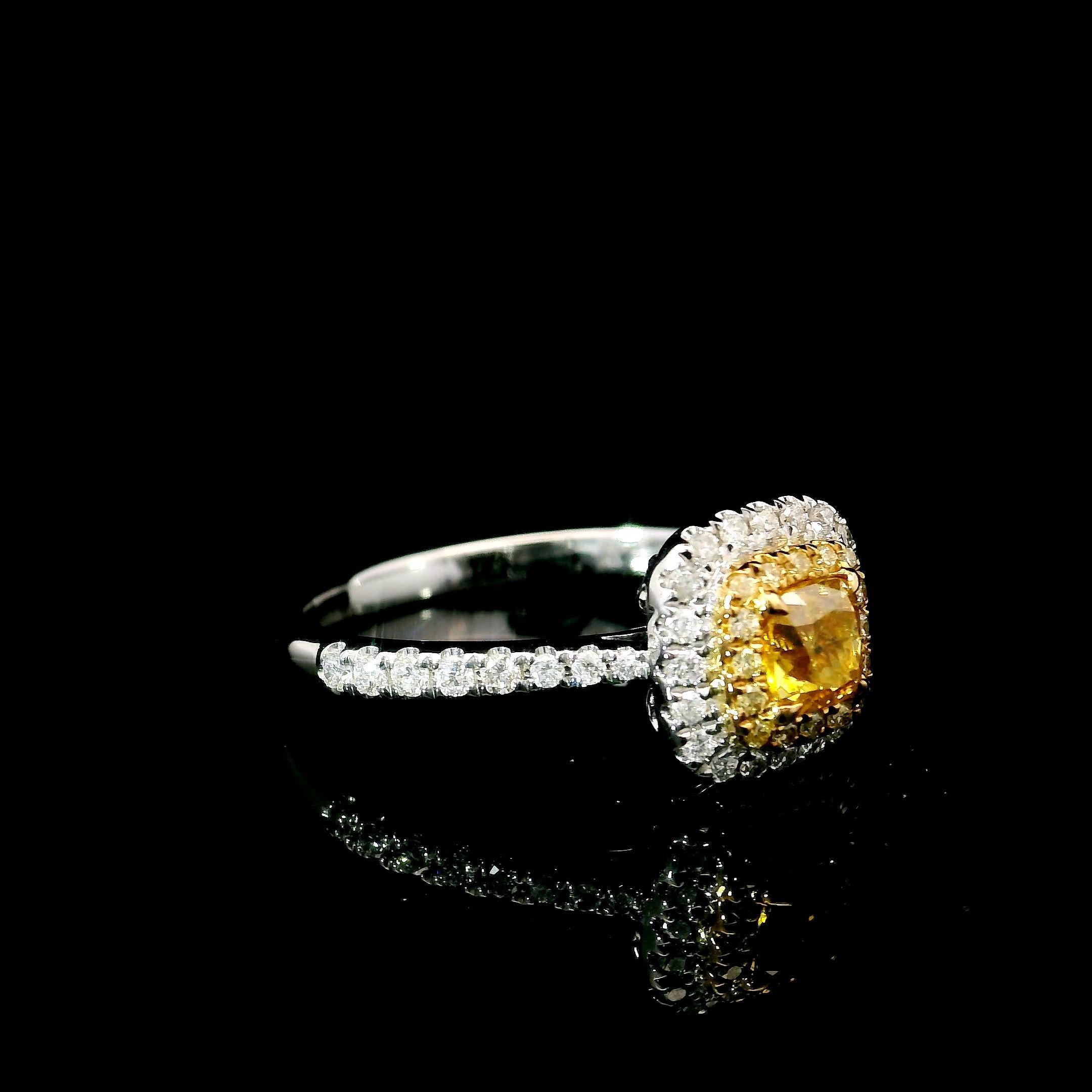 Cushion Cut AGL Certified 0.51 Carat Fancy Intense Yellow VS Clarity Diamond Ring For Sale