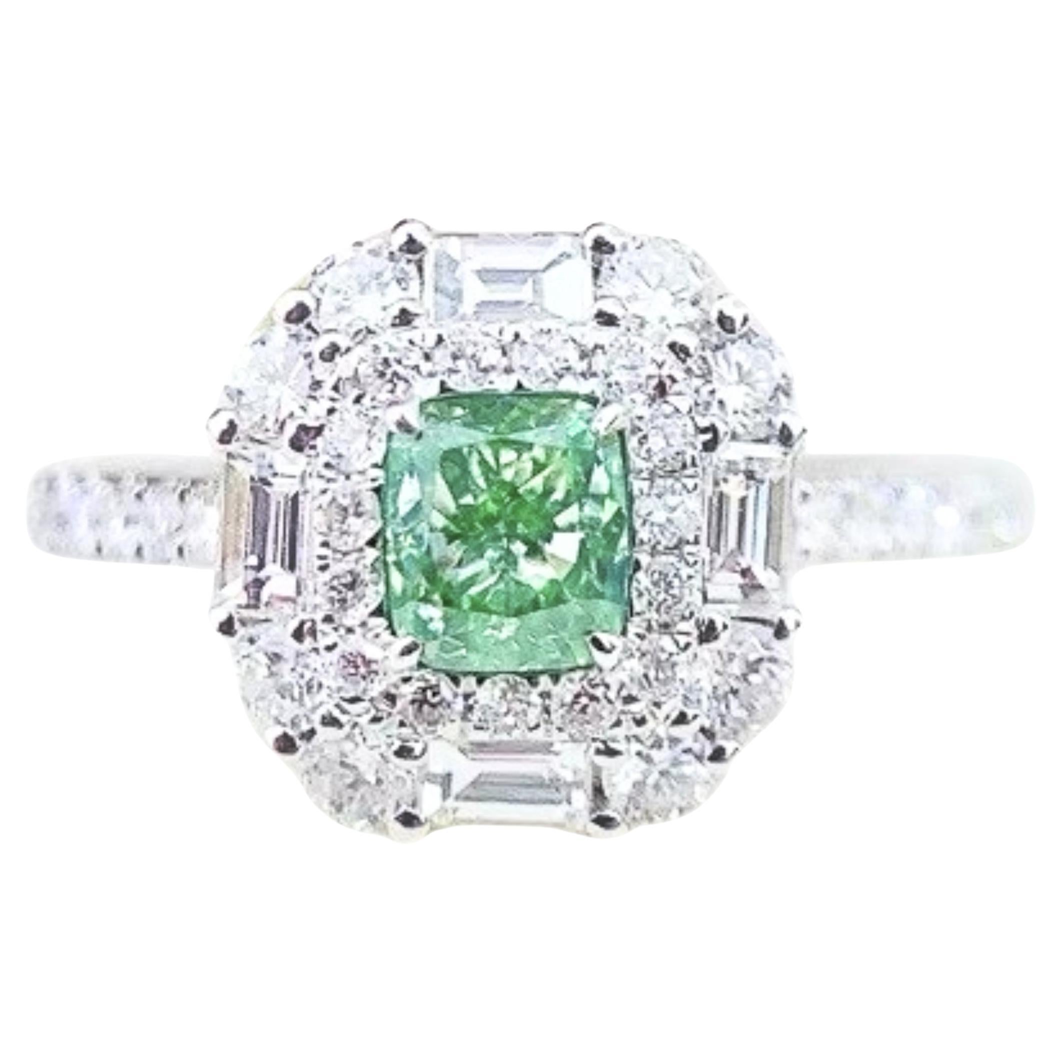 AGL Certified 0.52 CT Fancy Green Diamond & Baguette Diamond Ring