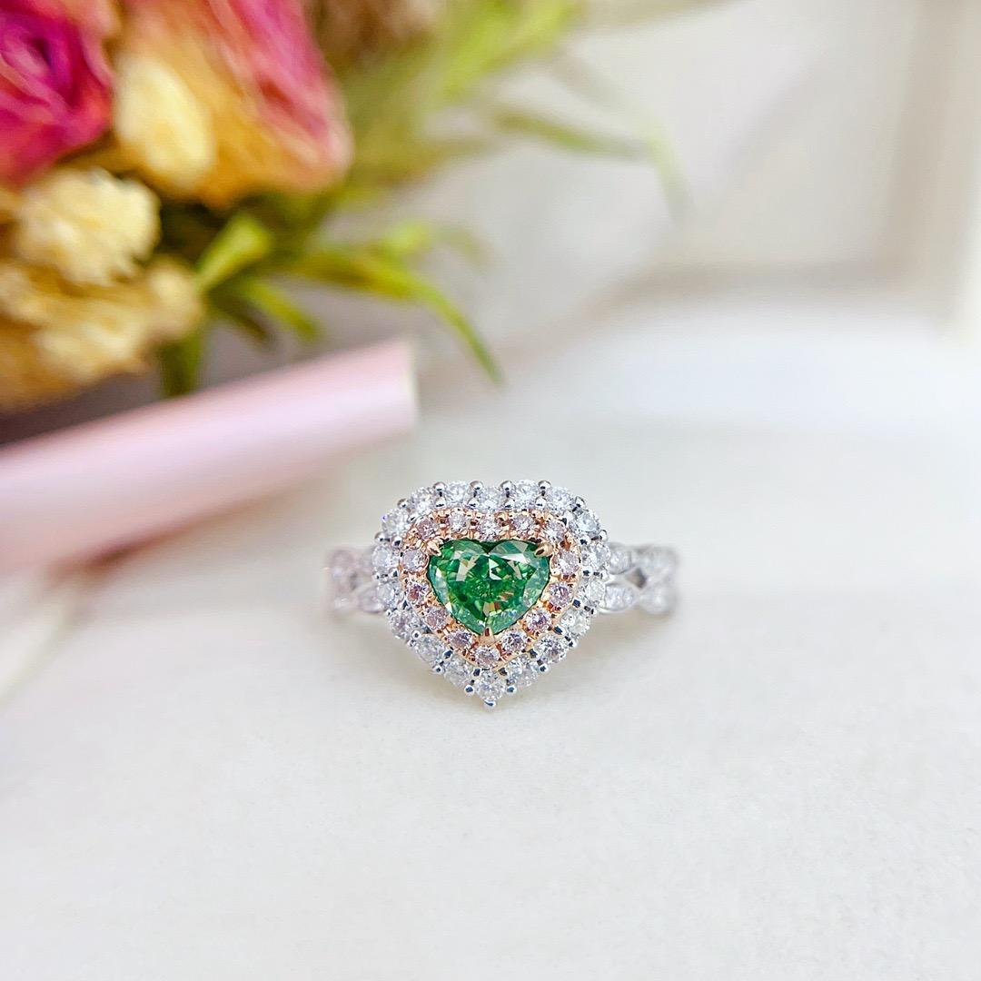 Modern AGL Certified 0.52 CT Green Diamond 18K White Gold Ring with Diamonds For Sale