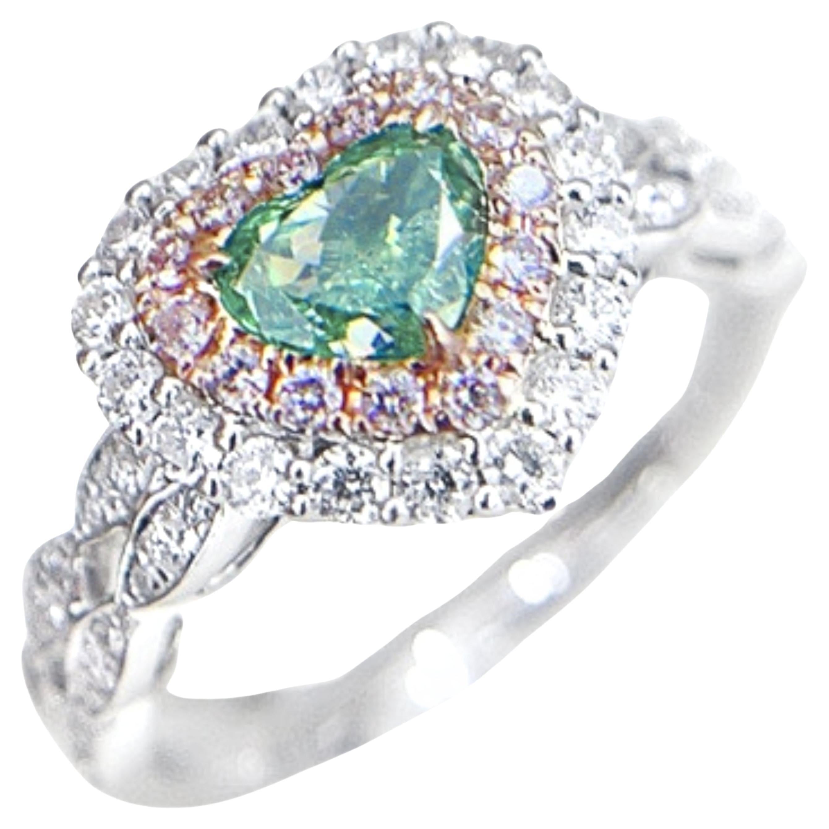 AGL Certified 0.52 CT Green Diamond 18K White Gold Ring with Diamonds