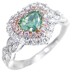 AGL Certified 0.52 CT Green Diamond 18K White Gold Ring with Diamonds