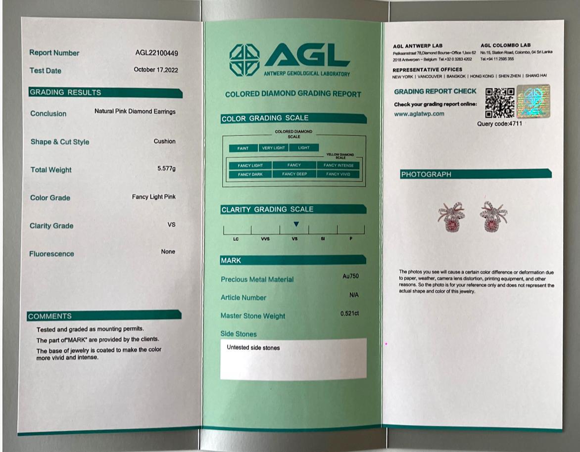 AGL Certified 0.521 Carat Fancy Light Pink VS Clarity Diamond Earrings In New Condition For Sale In บางรัก, TH