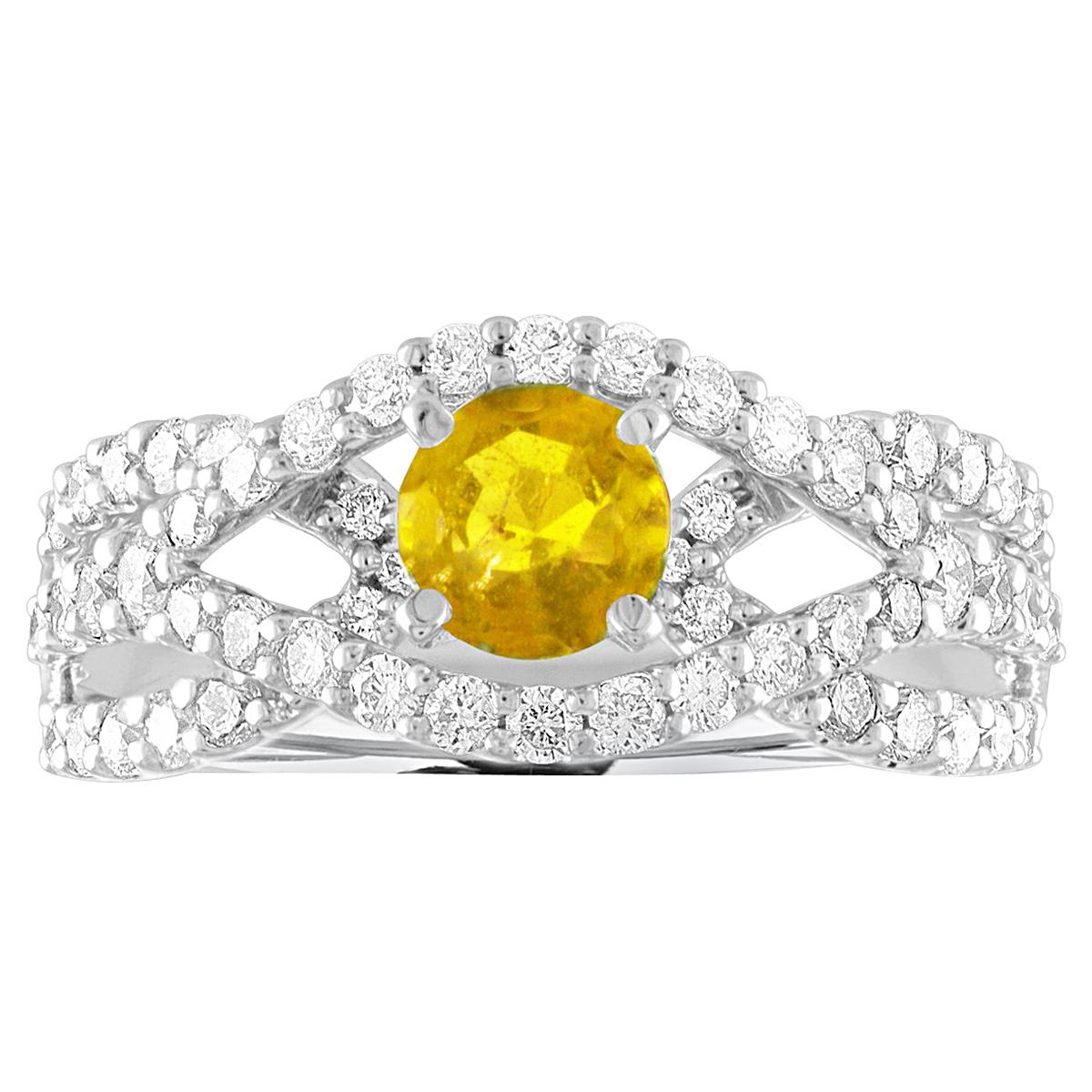 AGL Certified 0.59 Carat Round Yellow Sapphire and Diamond Gold Ring For Sale