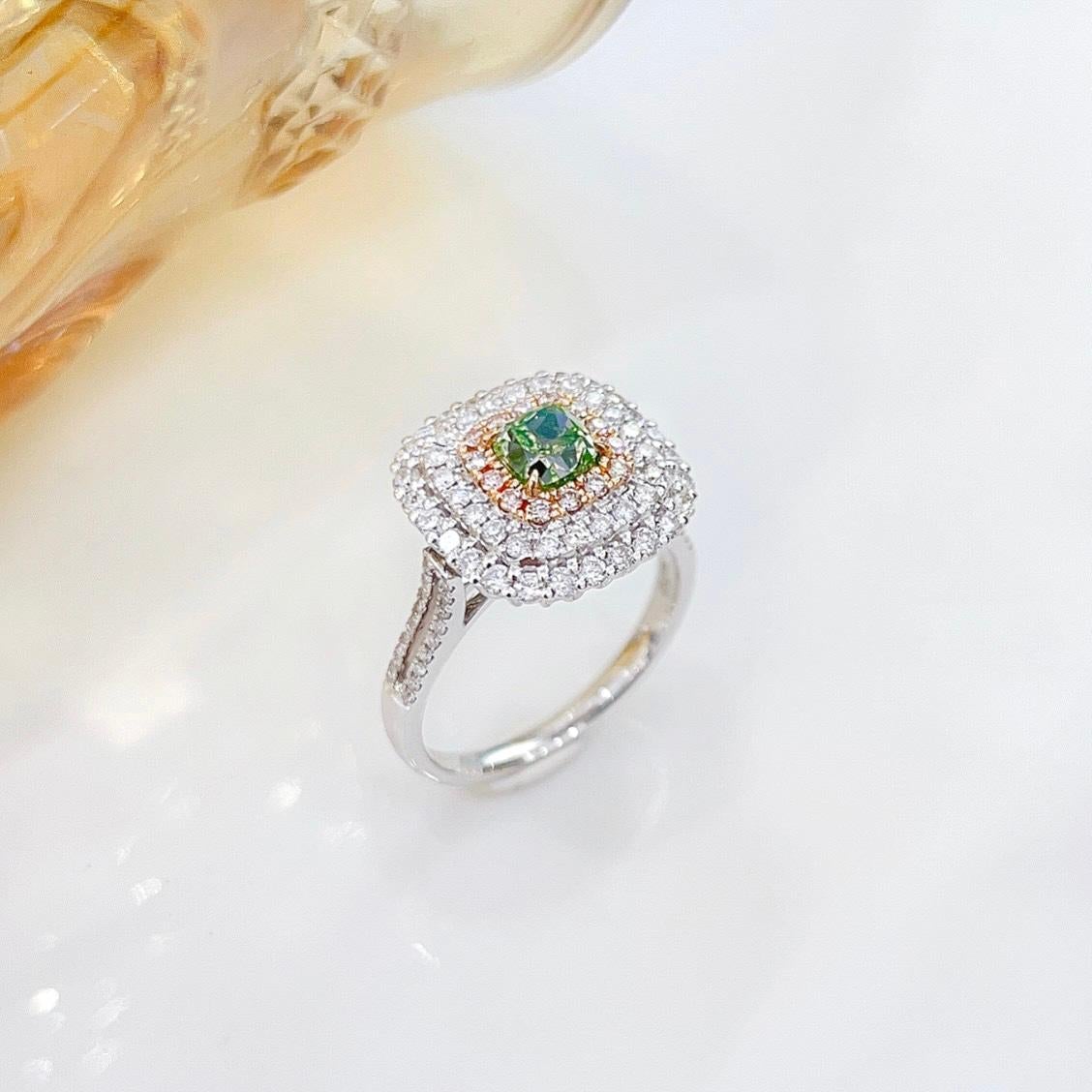 Cushion Cut AGL Certified 0.71 CT Green Diamond & Diamond Ring / Pendant For Sale