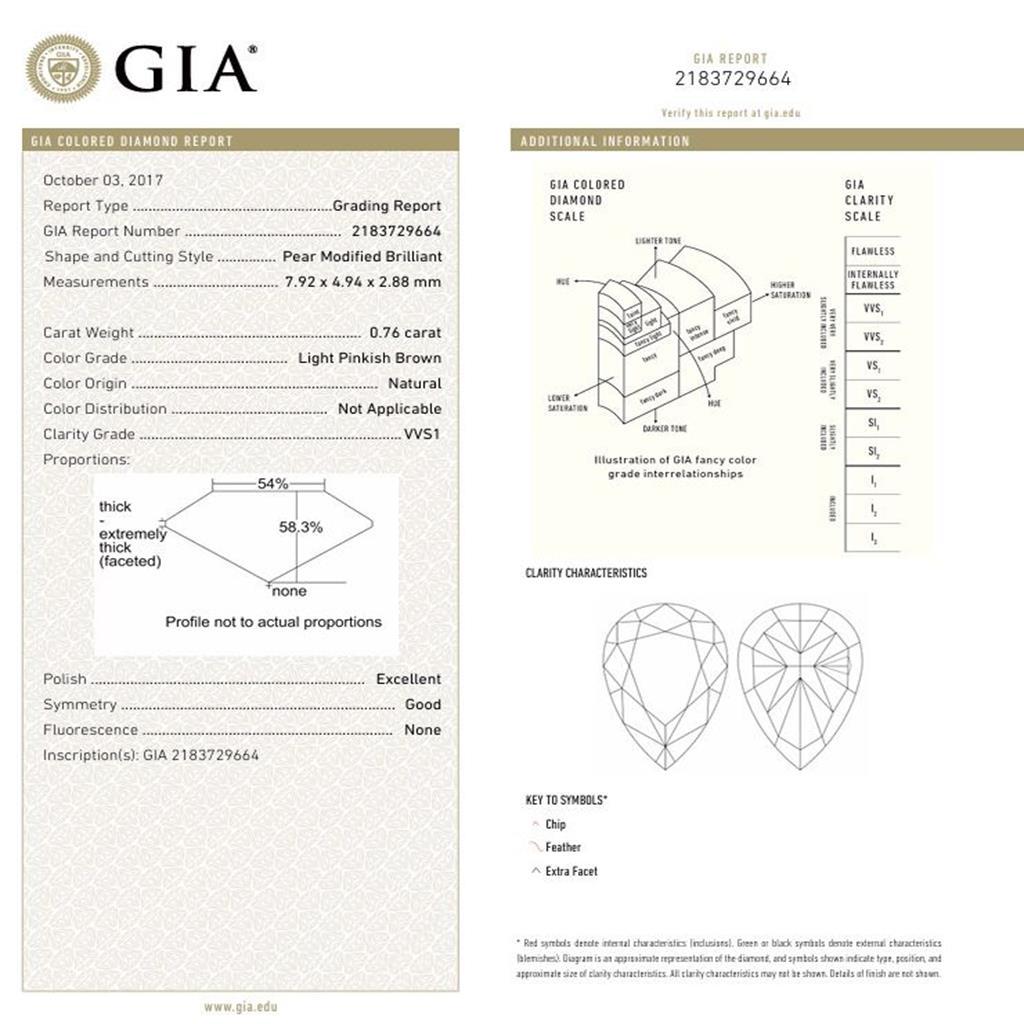 GIA-zertifizierter 0,76 Karat hellrosa-brauner Diamantring mit VVS1 Reinheit im Angebot 1