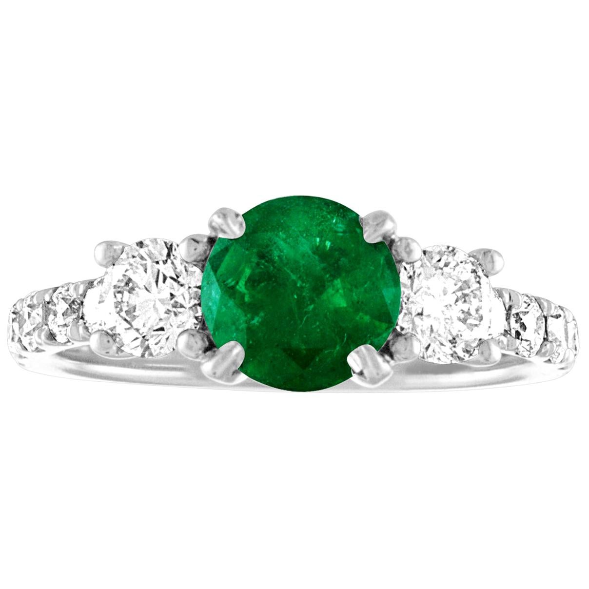 AGL Certified 0.77 Carat Emerald Three-Stone Diamond Gold Ring For Sale