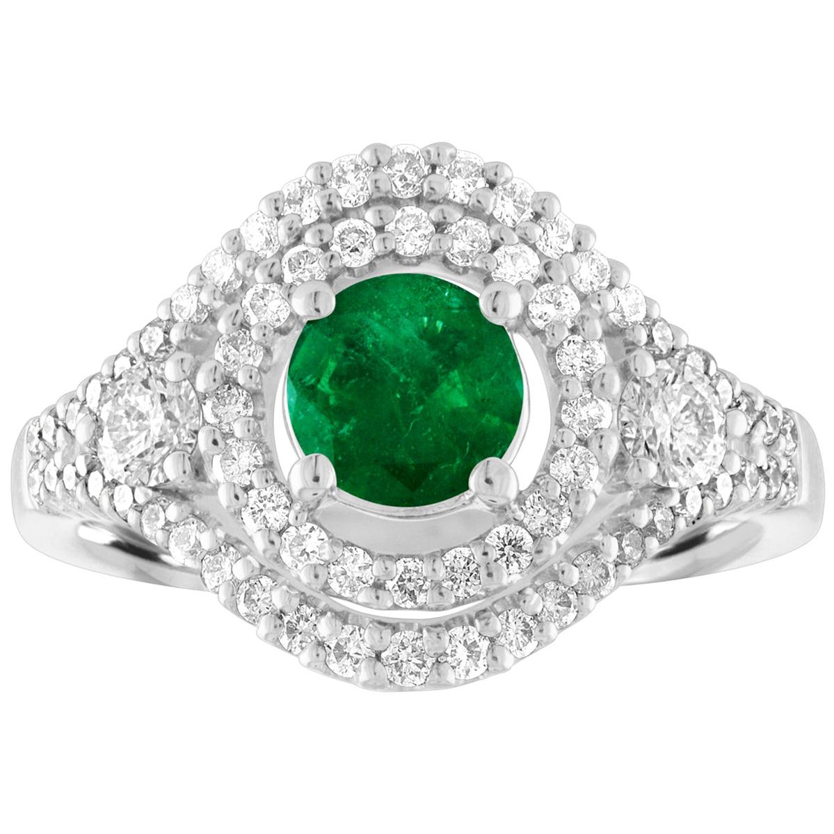 AGL Certified 0.78 Carat Round Emerald Diamond Gold Ring For Sale