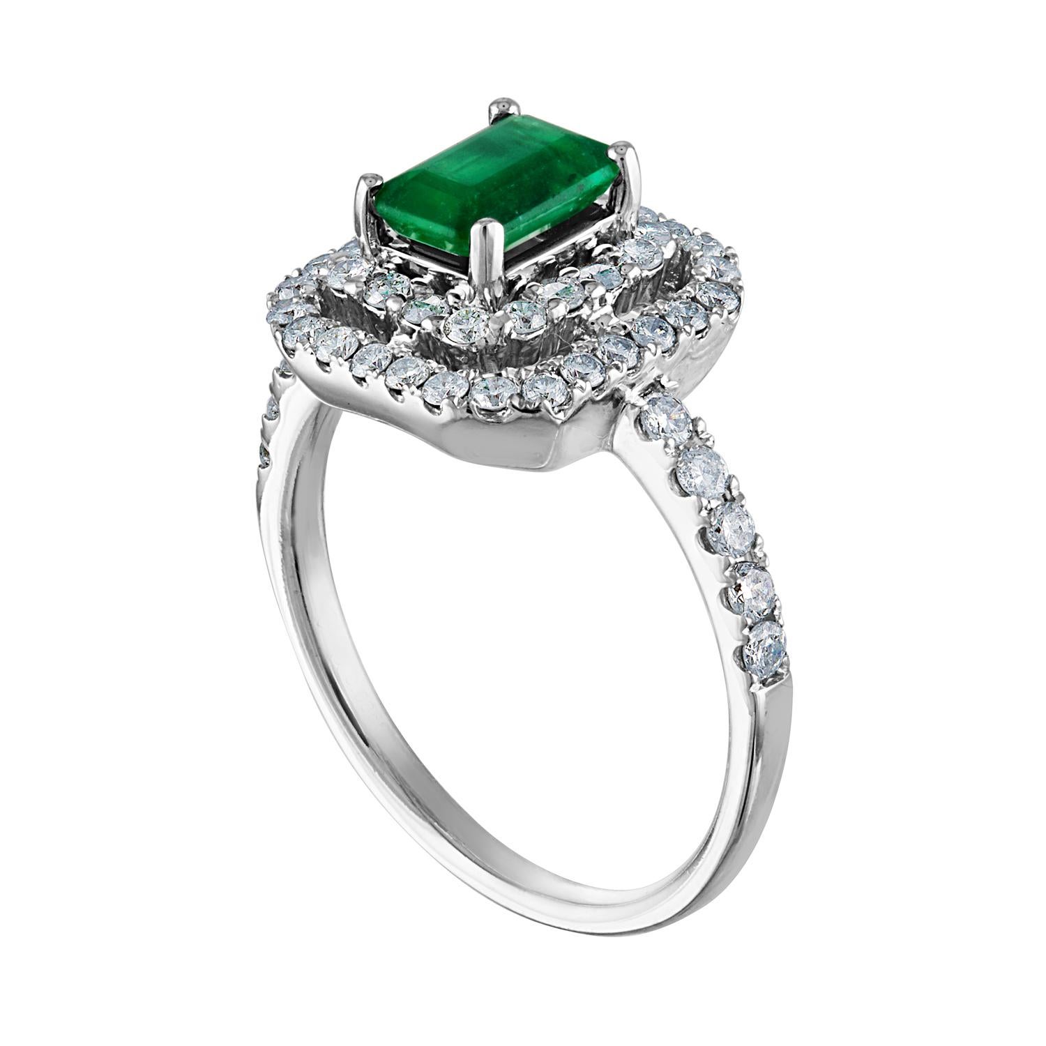Beautiful Double Square Halo Emerald Ring
The ring is 18K White Gold.
The Center is a beautiful emerald cut 0.80 Carat Emerald.
The Emerald is AGL certified.
There are 0.58 Carats in Diamonds F/G VS/SI
The ring is a size 7.00, sizable.
The ring