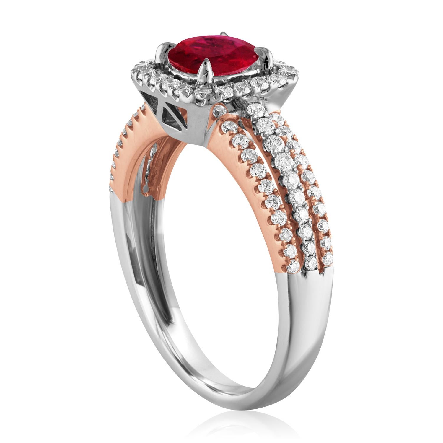Beautiful Square Halo Two Tone Ring
The ring is 18K White & Rose Gold
The Center Stone is a Round Ruby 0.81 Carats
The Ruby is AGL Certified Heated
There are 0.52 Carats in Diamonds F/G VS/SI
The ring is a size 6.5, sizable.
The ring weighs 4.4 grams