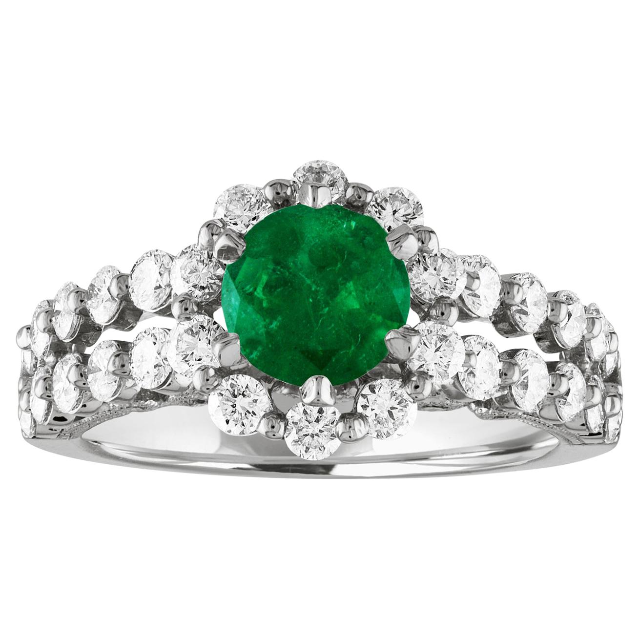 AGL Certified 0.82 Carat Round Emerald Diamond Gold Milgrain Ring