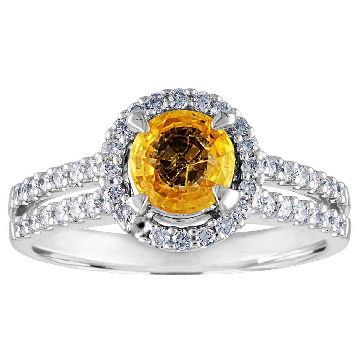 AGL Certified 0.84 Carat Round Yellow Sapphire Diamond Gold Ring For Sale