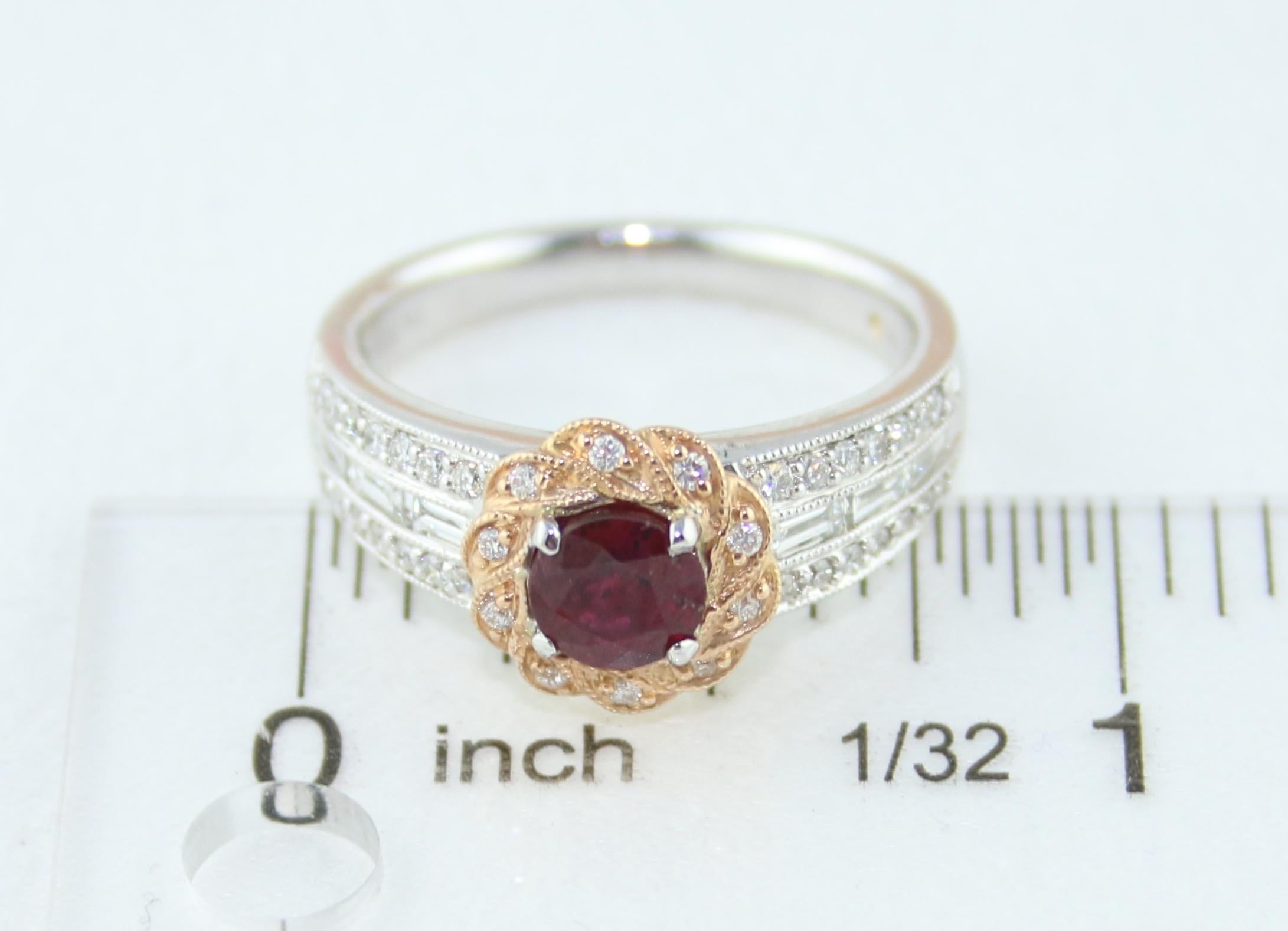 AGL Certified 0.86 Carat Round Ruby Diamond Gold Milgrain Ring For Sale 4