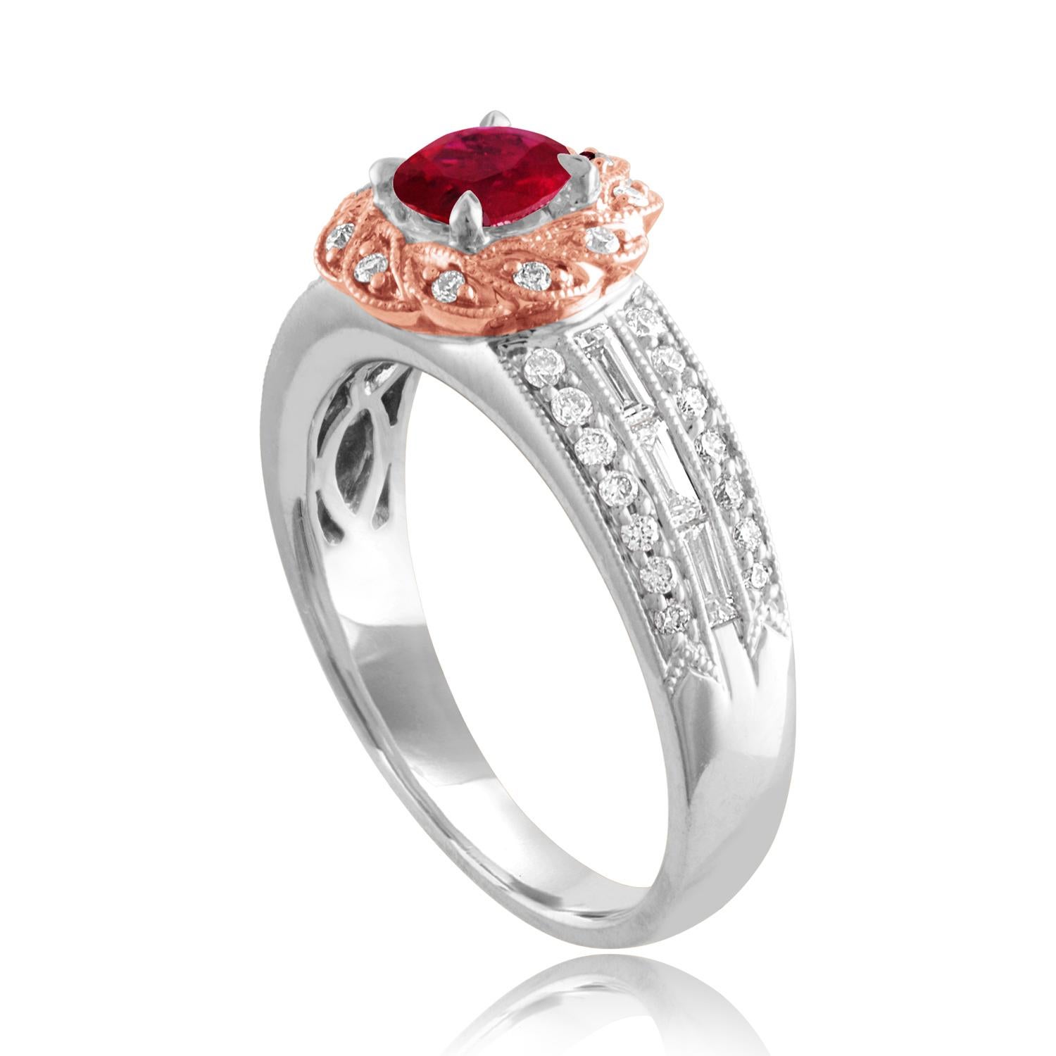 Beautiful Round Halo Two Tone Milgrain Ring
The ring is 18K White & Rose Gold
The Center Stone is a Round Ruby 0.86 Carats
The Ruby is AGL Certified Heated
There are 0.53 Carats in Diamonds F/G VS/SI
The ring is a size 6.75, sizable.
The ring weighs