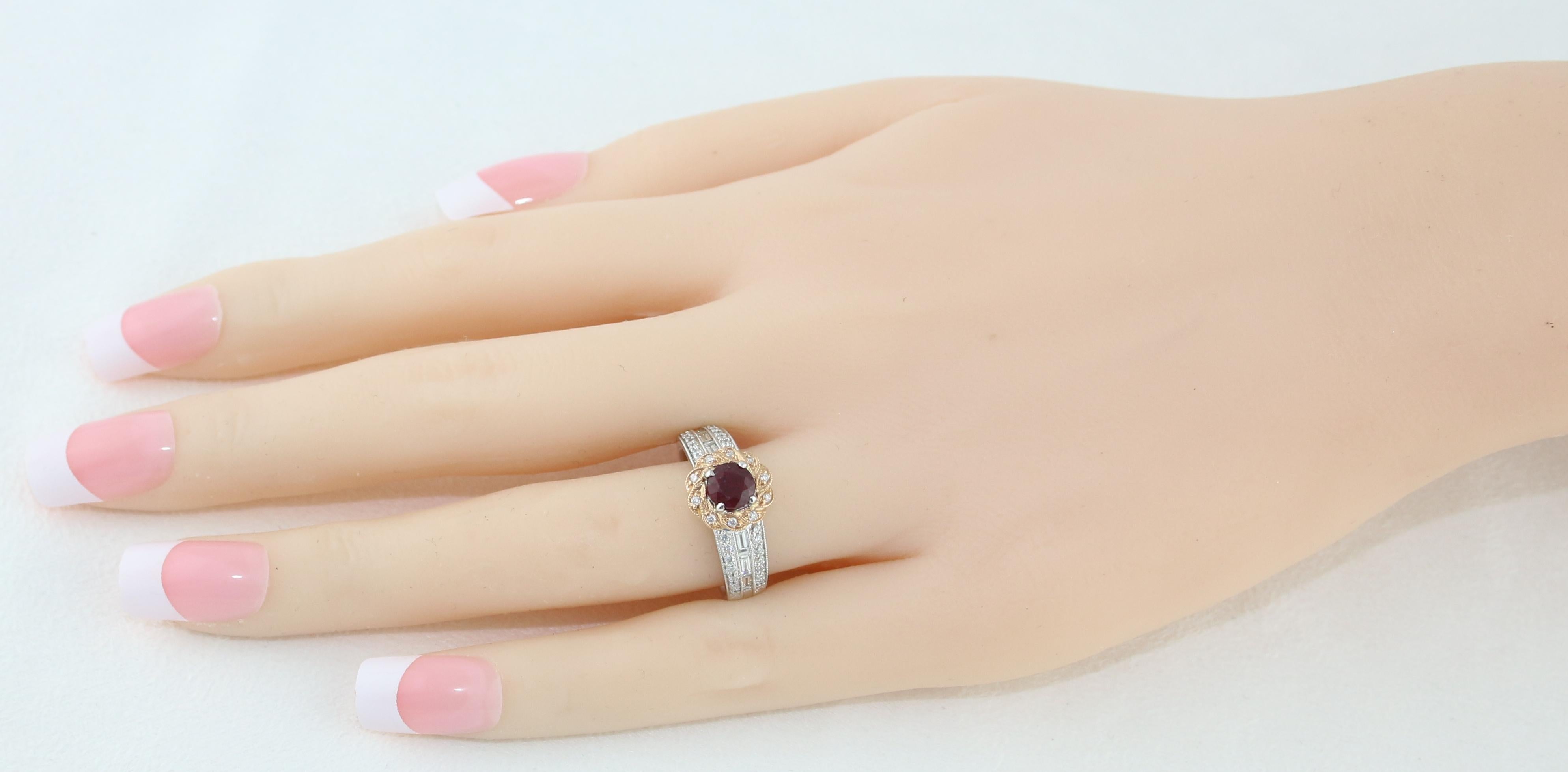 Round Cut AGL Certified 0.86 Carat Round Ruby Diamond Gold Milgrain Ring For Sale