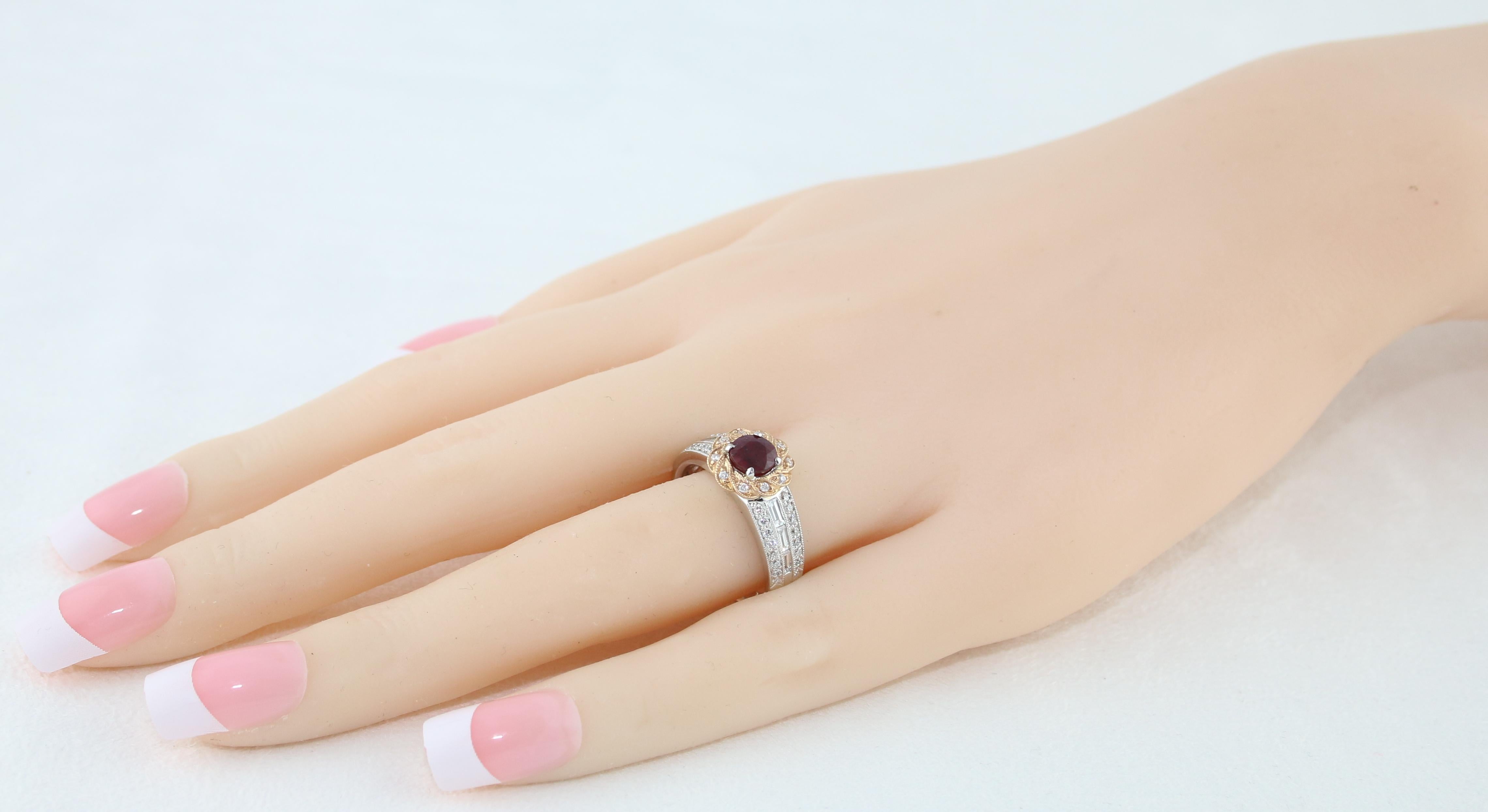 Women's AGL Certified 0.86 Carat Round Ruby Diamond Gold Milgrain Ring For Sale