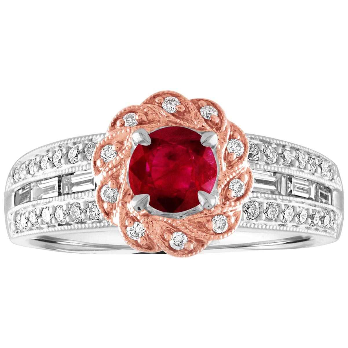 AGL Certified 0.86 Carat Round Ruby Diamond Gold Milgrain Ring For Sale