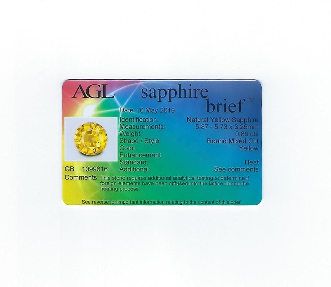 AGL Certified 0.86 Carat Round Yellow Sapphire Diamond Gold Milgrain Ring For Sale 3