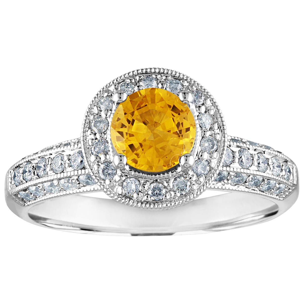 AGL Certified 0.86 Carat Round Yellow Sapphire Diamond Gold Milgrain Ring For Sale