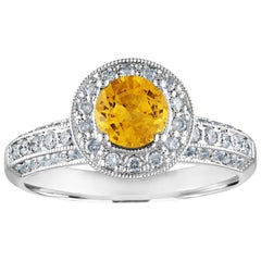 AGL Certified 0.86 Carat Round Yellow Sapphire Diamond Gold Milgrain Ring