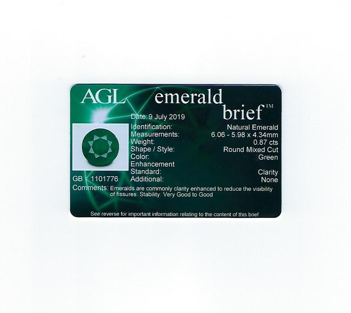 AGL Certified 0.87 Carat Round Emerald Diamond Gold Ring For Sale 4