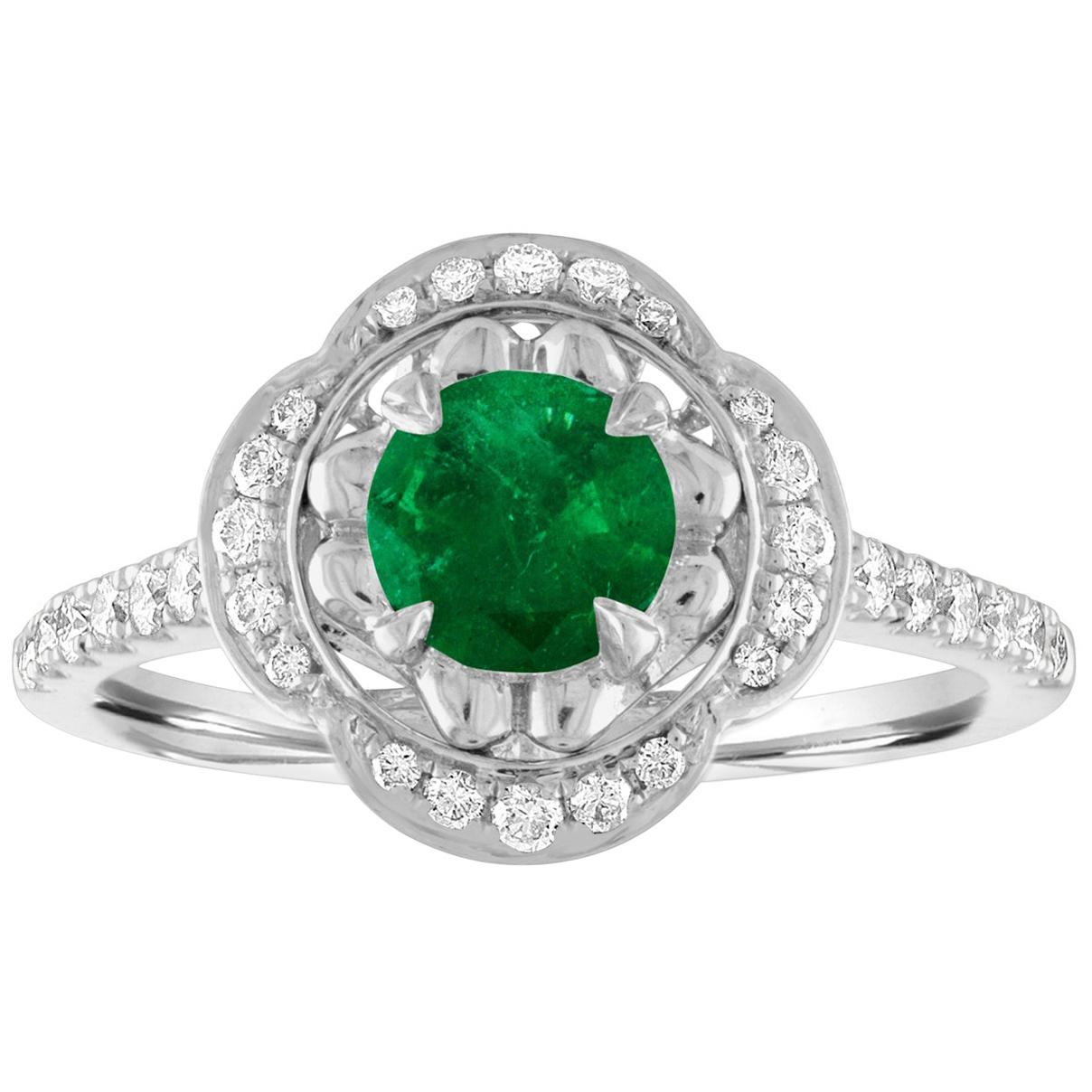 AGL Certified 0.87 Carat Round Emerald Diamond Gold Ring