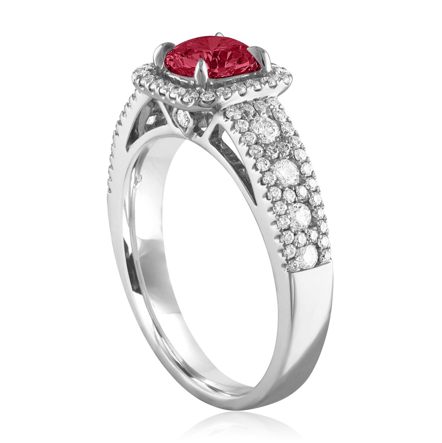 Beautiful Square Halo Ring
The ring is 18K White Gold
The Center Stone is a Round Ruby 0.87 Carats
The Ruby is AGL Certified Heated
There are 0.56 Carats in Diamonds F/G VS/SI
The ring is a size 6.5, sizable.
The ring weighs 4.3 grams