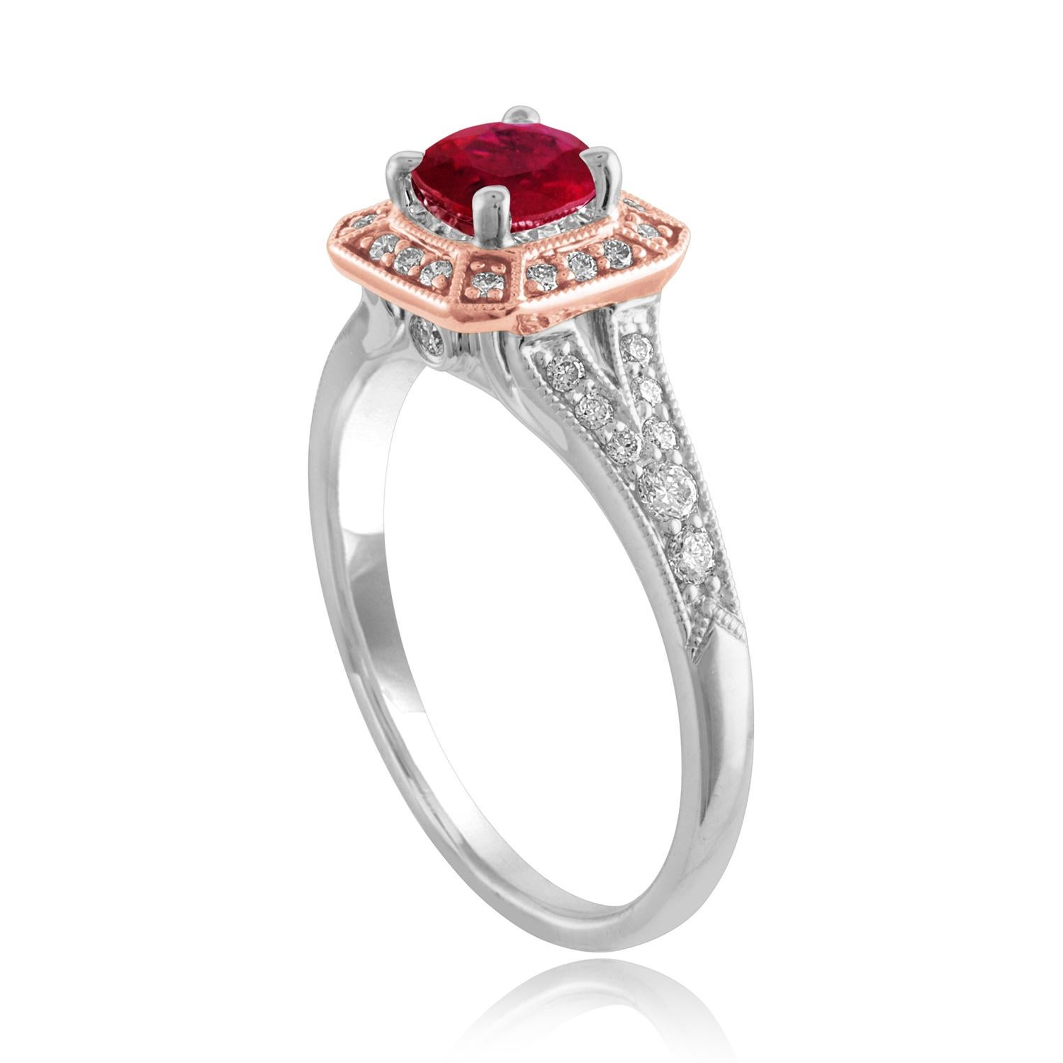 Beautiful Square Halo Two Tone Milgrain Ring
The ring is 18K White & Rose Gold
The Center Stone is a Round Ruby 0.88 Carats
The Ruby is AGL Certified Heated
There are 0.27 Carats in Diamonds F/G VS/SI
The ring is a size 6.75, sizable.
The ring