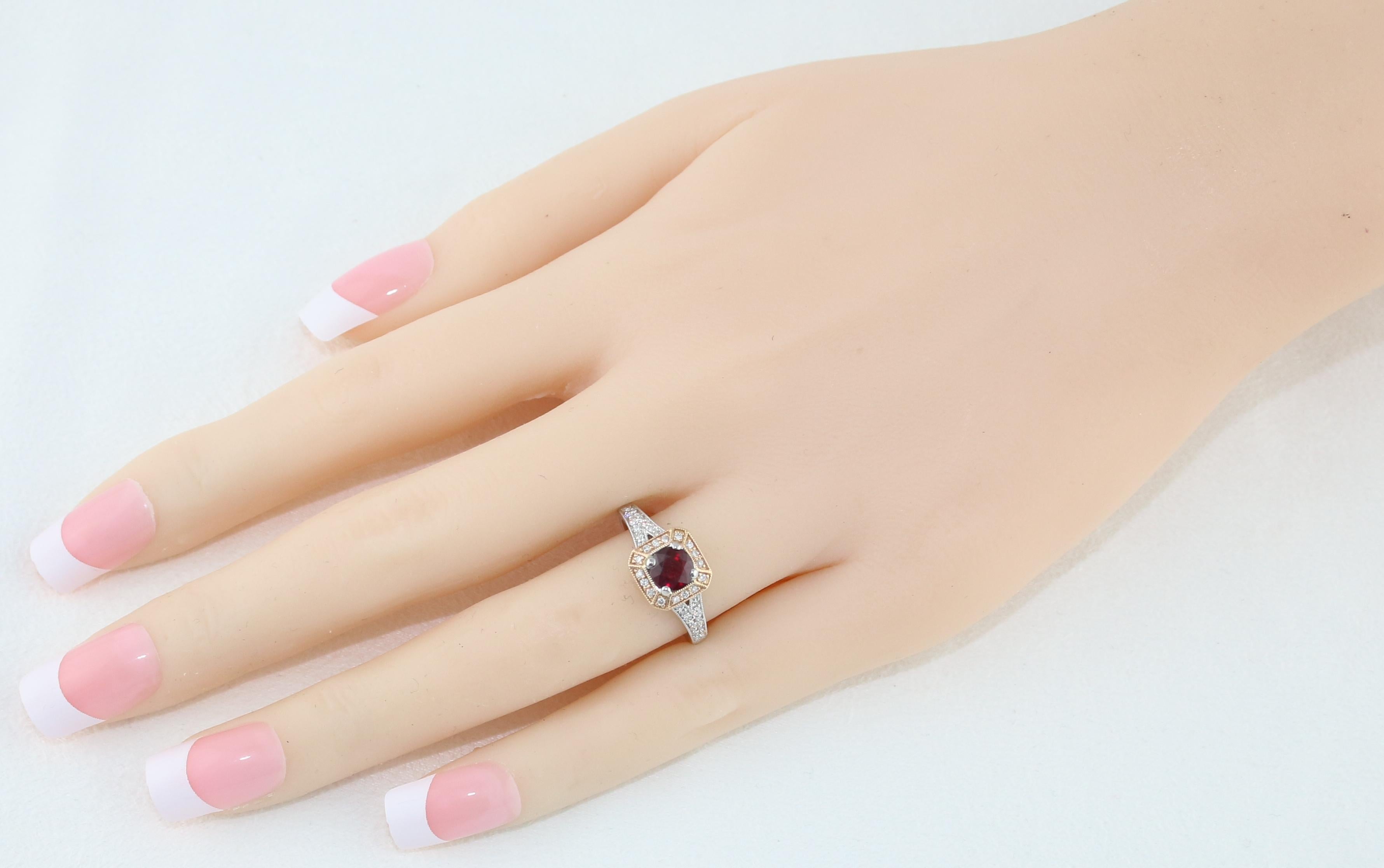 Women's AGL Certified 0.88 Carat Round Ruby Diamond Gold Milgrain Ring For Sale