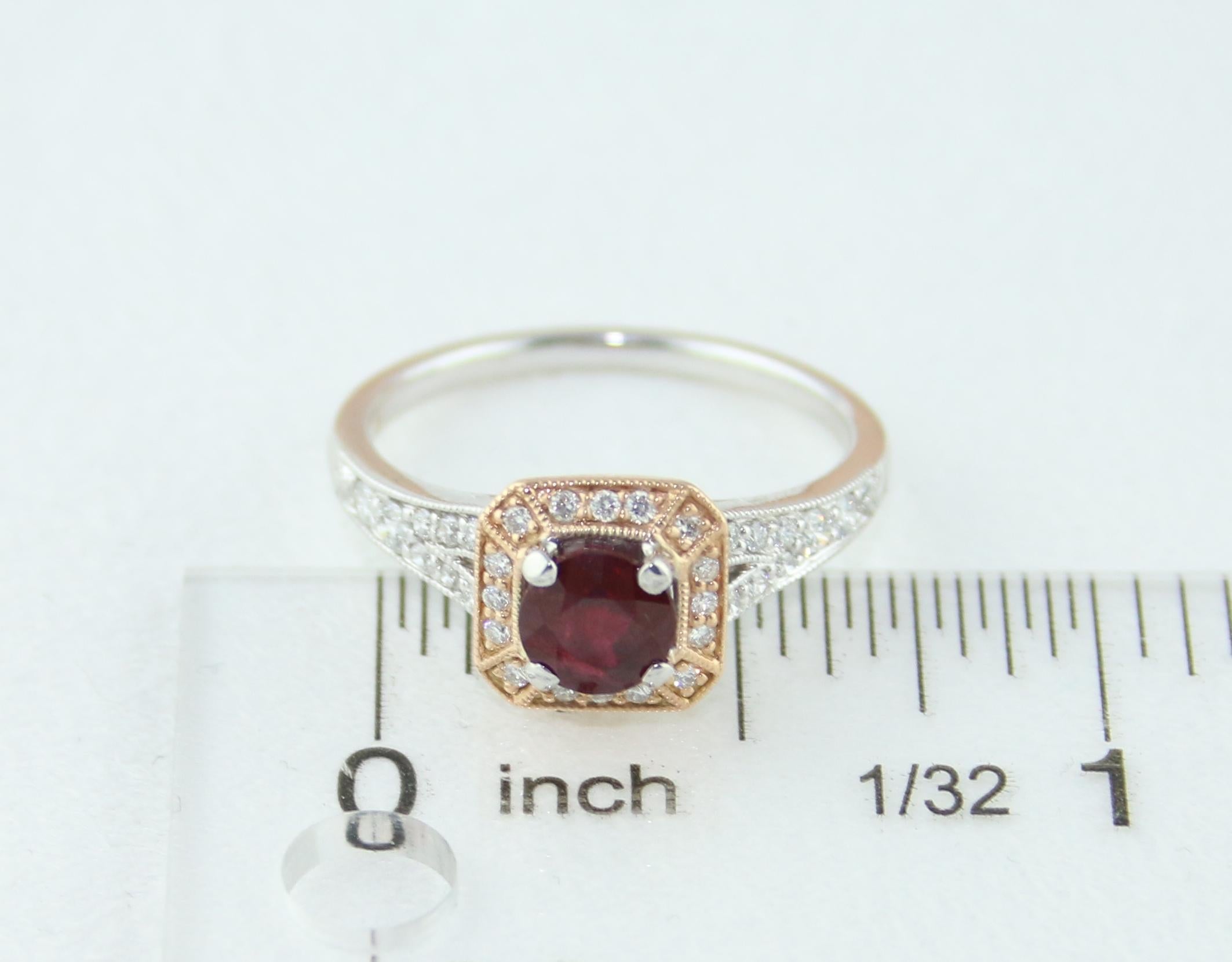 AGL Certified 0.88 Carat Round Ruby Diamond Gold Milgrain Ring For Sale 3