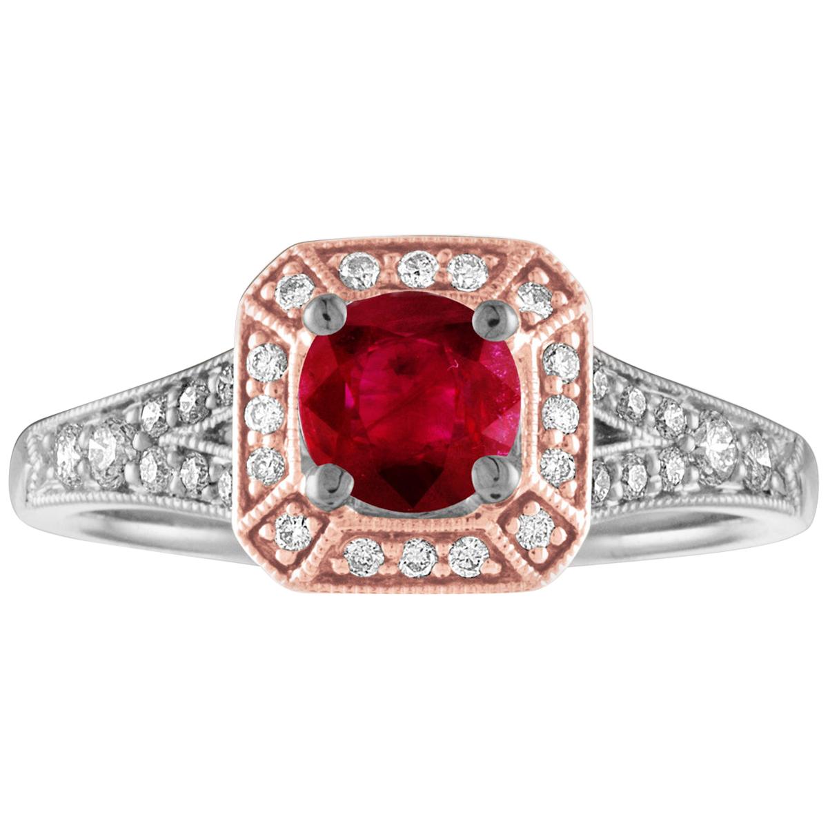 AGL Certified 0.88 Carat Round Ruby Diamond Gold Milgrain Ring For Sale