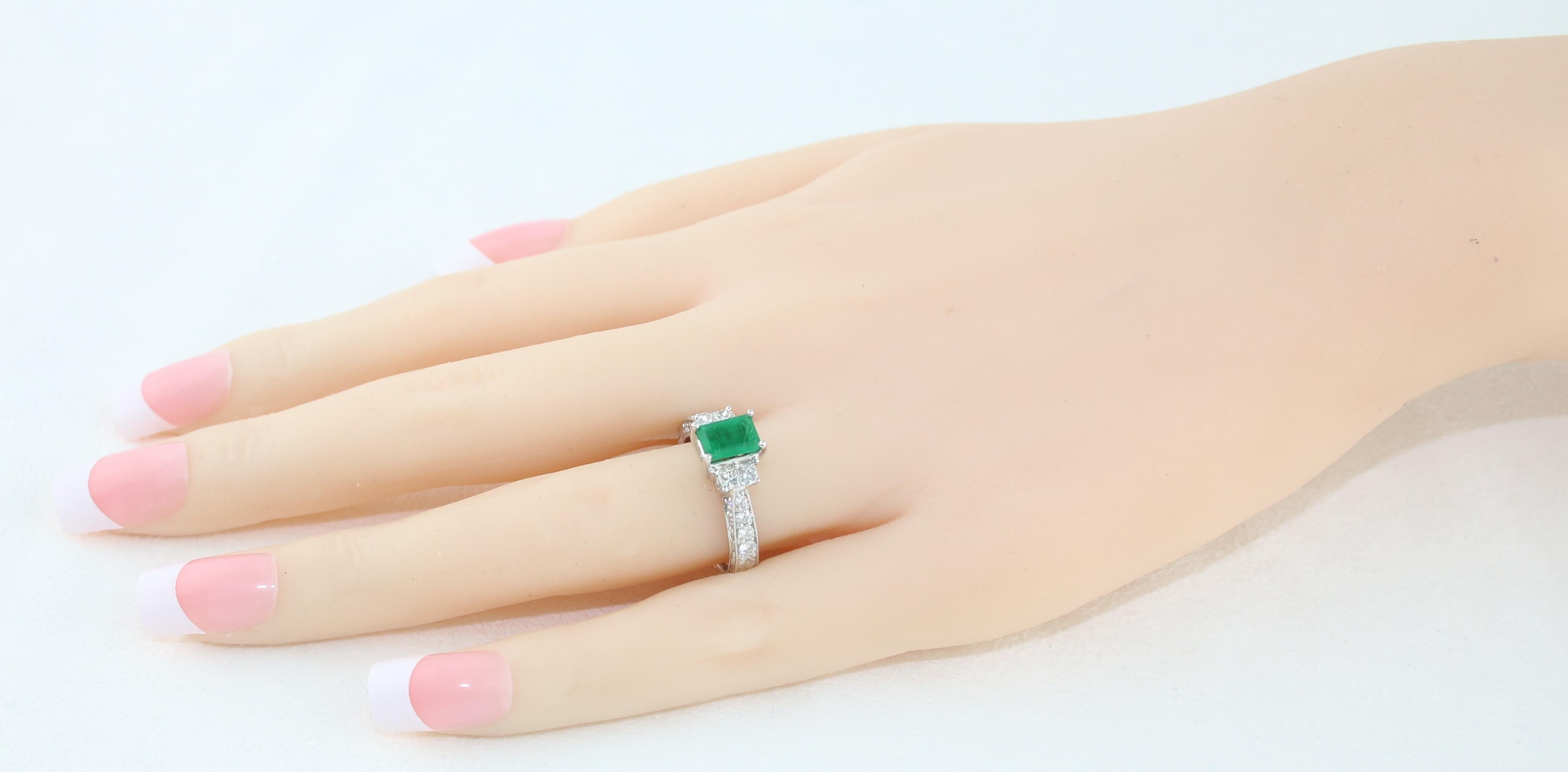 Emerald Cut AGL Certified 0.89 Carat Emerald Diamond Gold Milgrain Filigree Ring For Sale